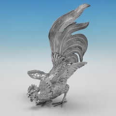 Pareja de gallos de pelea de plata de ley fabricados en Londres en 1968 por Barnards