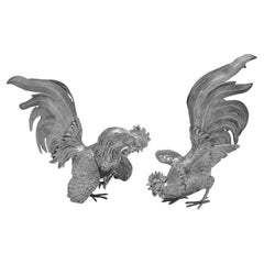 Pair of sterling silver fighting cockerels made in London in 1968 by Barnards