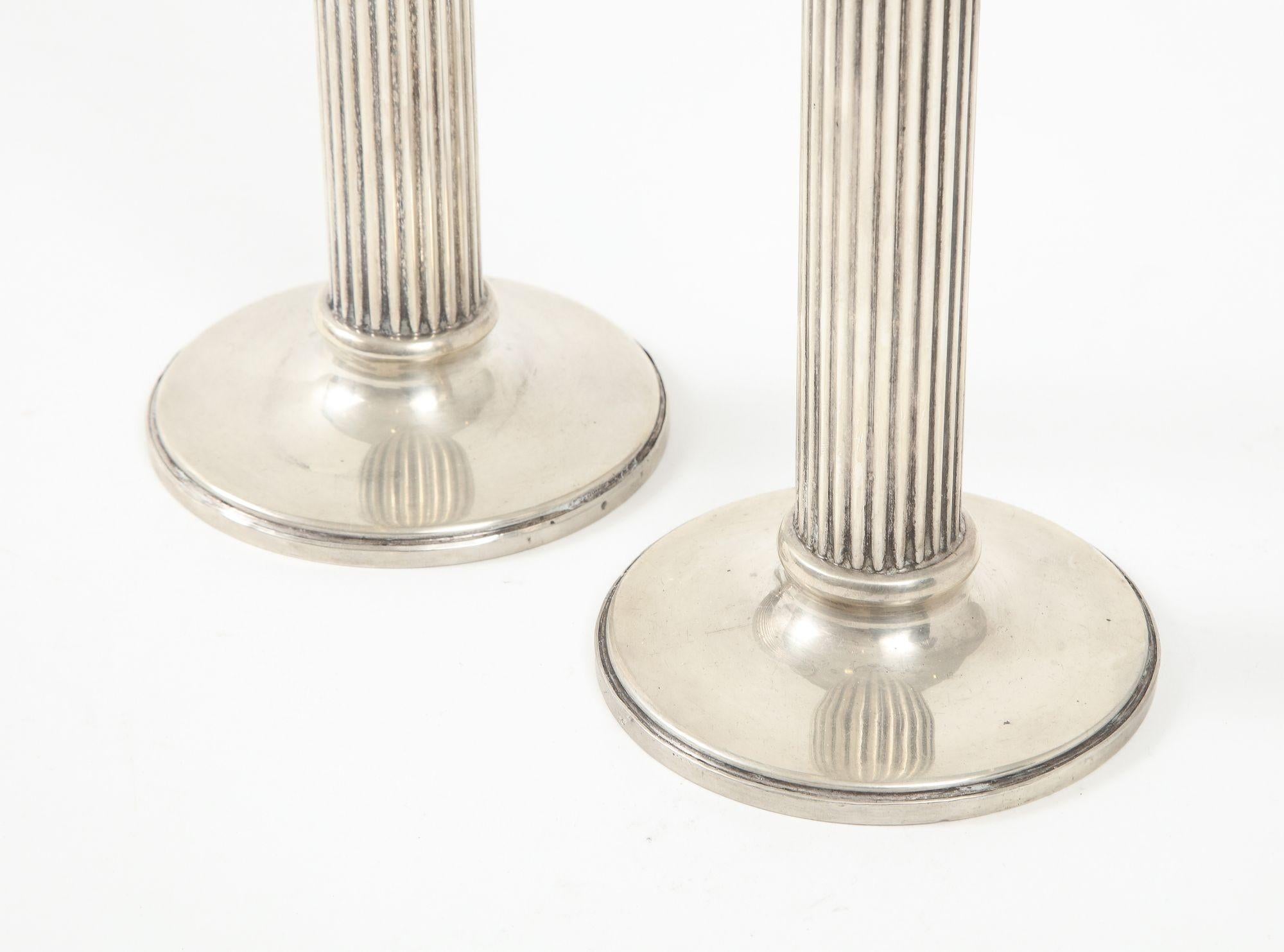 Art Deco Pair of Sterling Silver Fluted Weighted Candlesticks For Sale