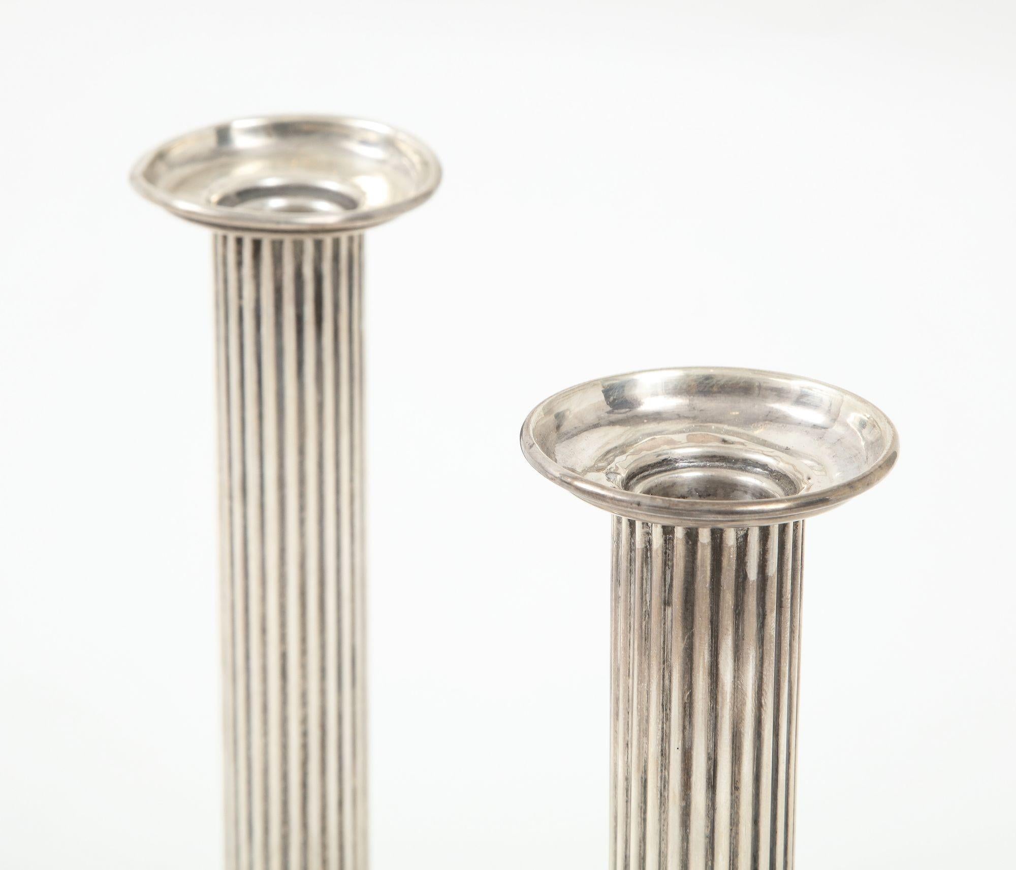 Pair of Sterling Silver Fluted Weighted Candlesticks For Sale 1