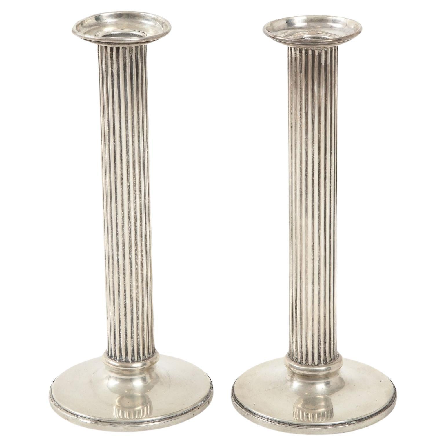 Pair of Sterling Silver Fluted Weighted Candlesticks For Sale