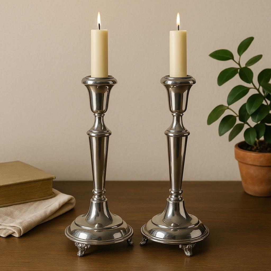 Coppia di candelabri da Shabbat con piede in argento sterling con il timbro 