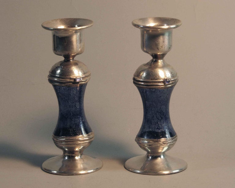 International Style Pair of Sterling Silver Fused Glass Shabbat Candlesticks For Sale