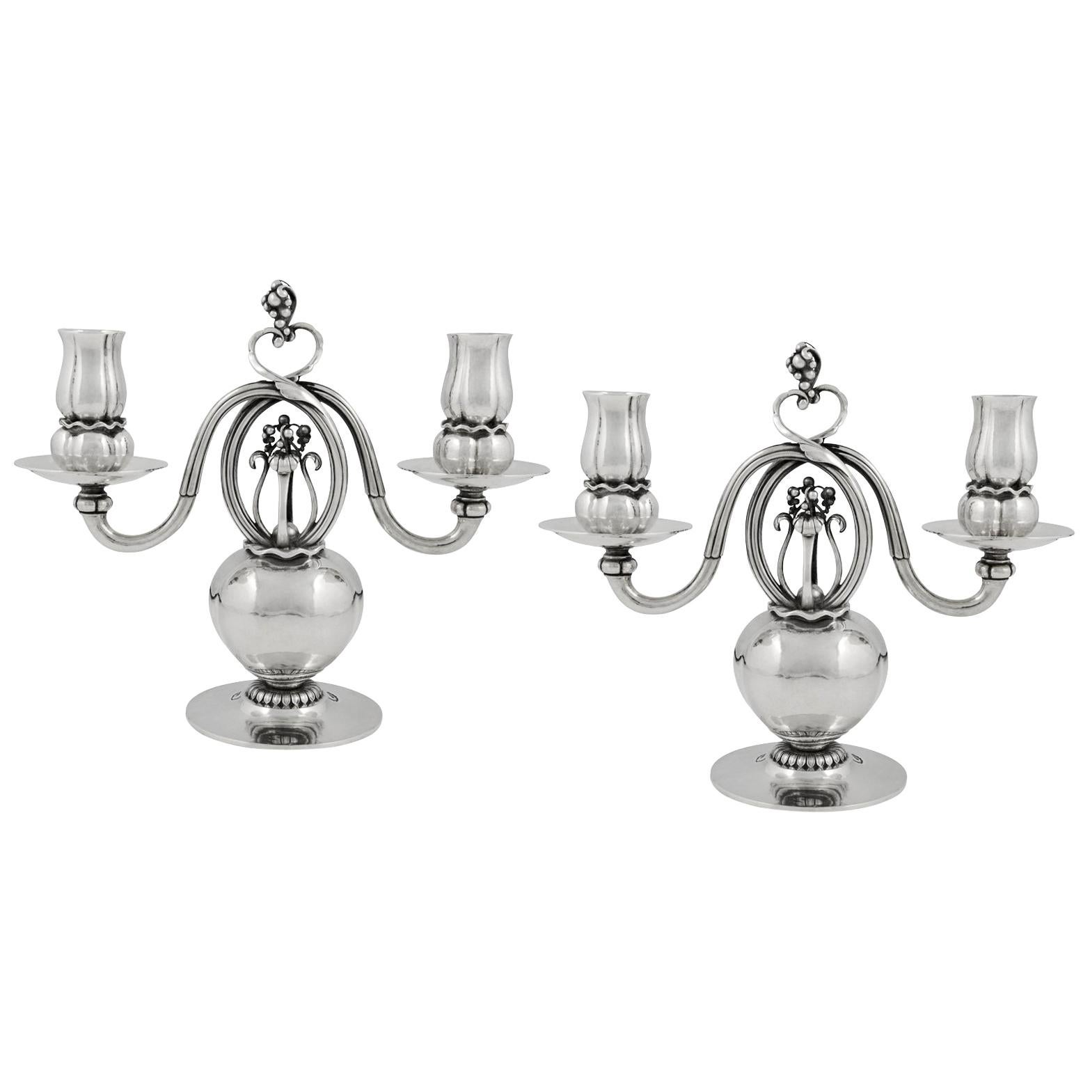 Pair of Sterling Silver Georg Jensen Two-Light Candelabra, Design #324 from 1919 For Sale