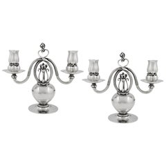 Pair of Sterling Silver Georg Jensen Two-Light Candelabra, Design #324 from 1919