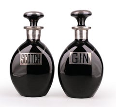 Pair of Sterling Silver Glass Art Déco Pinched Black Scotch and Gin Decanters