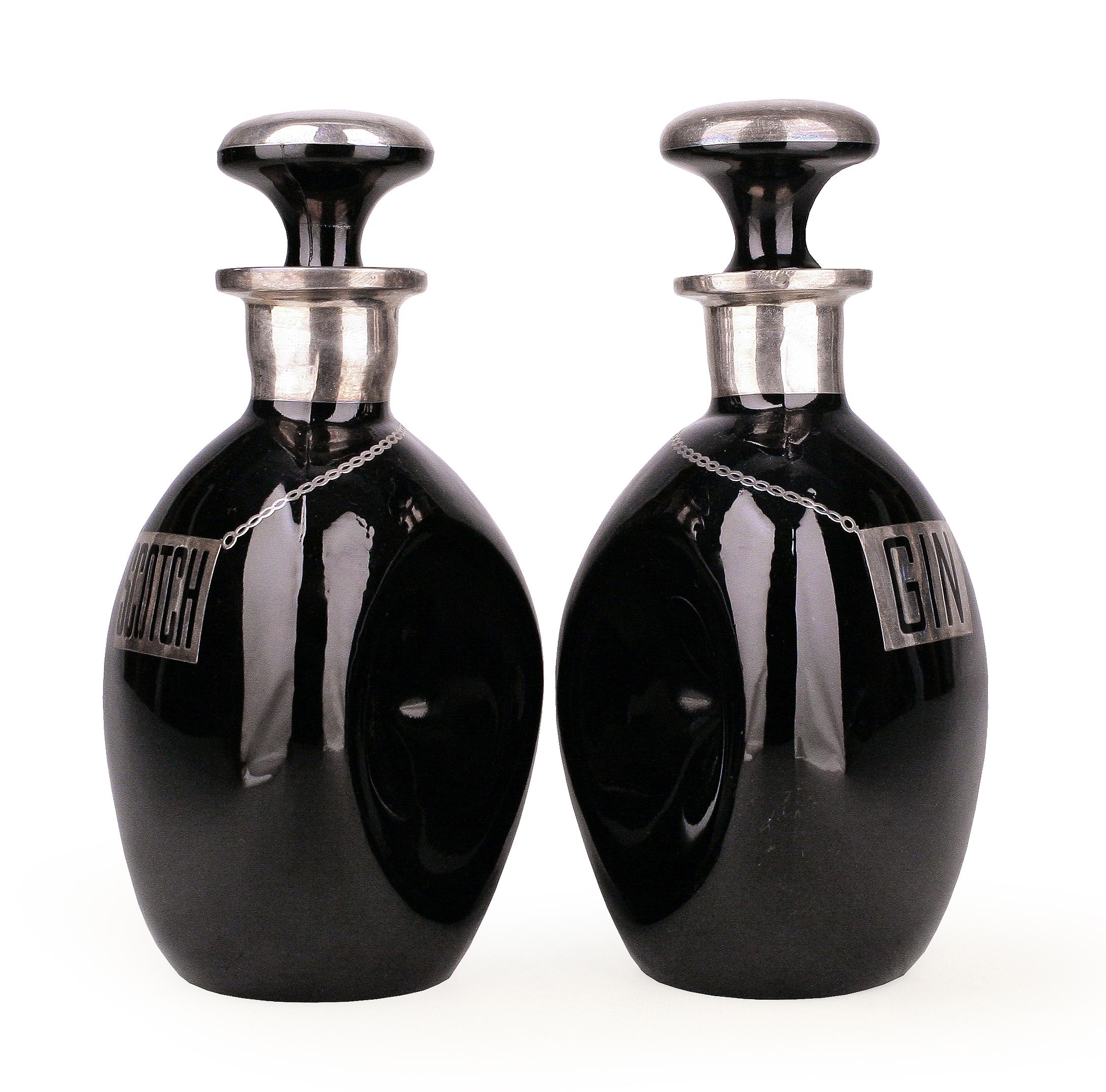 Art Deco Pair of Sterling Silver Glass Art Déco Pinched Black Scotch and Gin Decanters For Sale