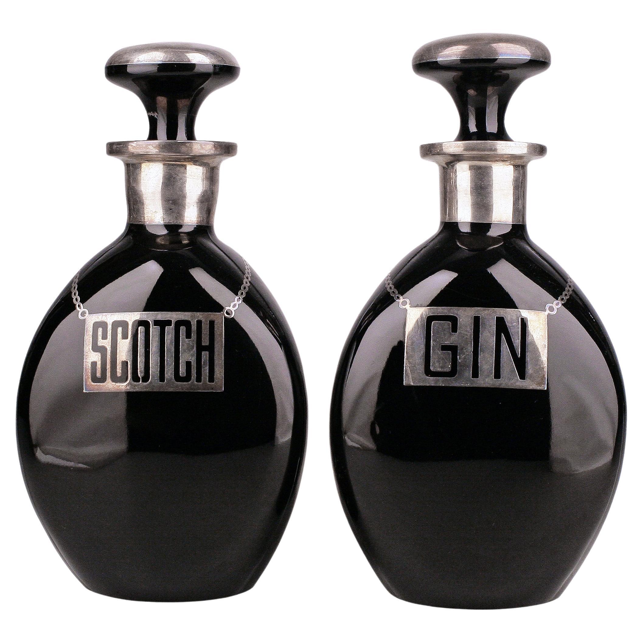Pair of Sterling Silver Glass Art Déco Pinched Black Scotch and Gin Decanters For Sale