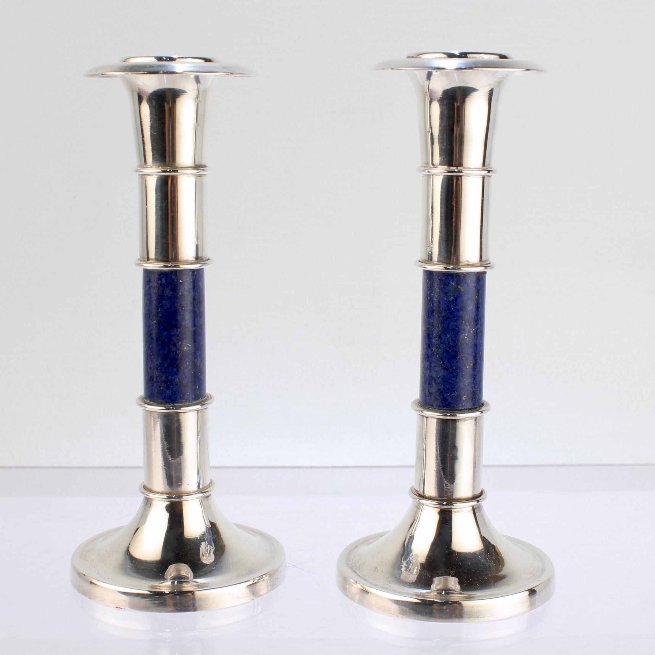 Modern Pair of Sterling Silver & Lapis Lazuli Candlesticks or Candle Holders