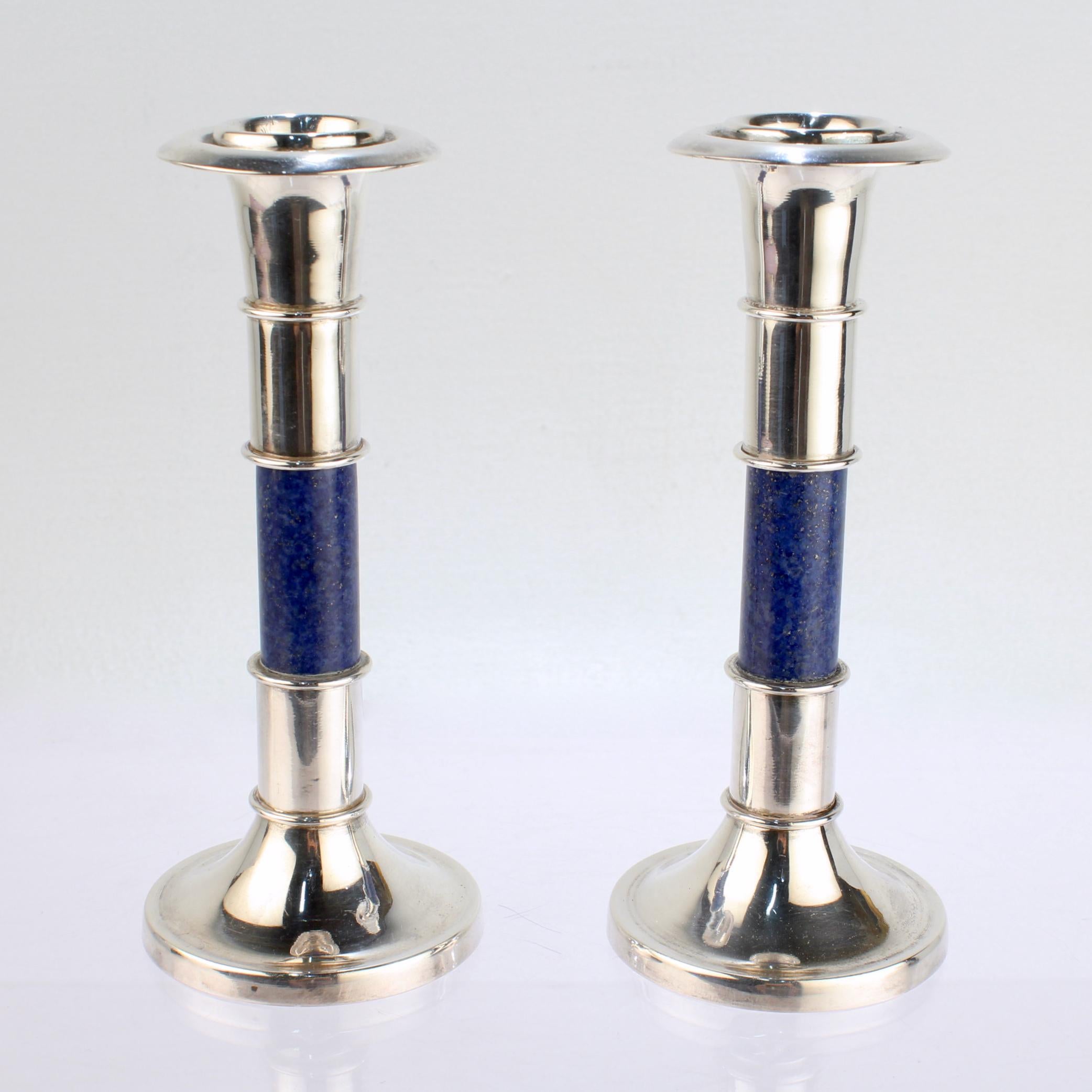 Round Cut Pair of Sterling Silver & Lapis Lazuli Candlesticks or Candle Holders