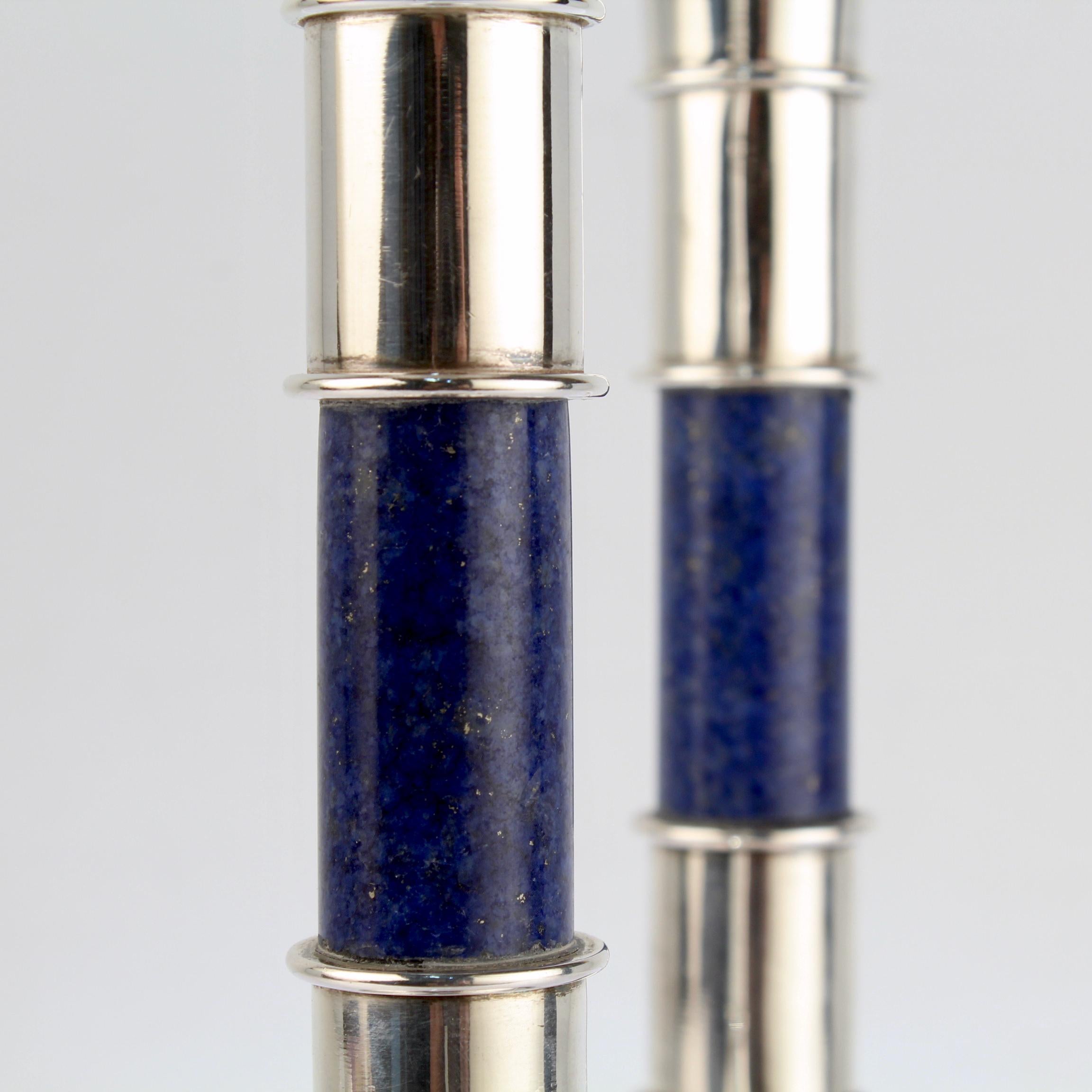 Pair of Sterling Silver & Lapis Lazuli Candlesticks or Candle Holders In Good Condition In Philadelphia, PA