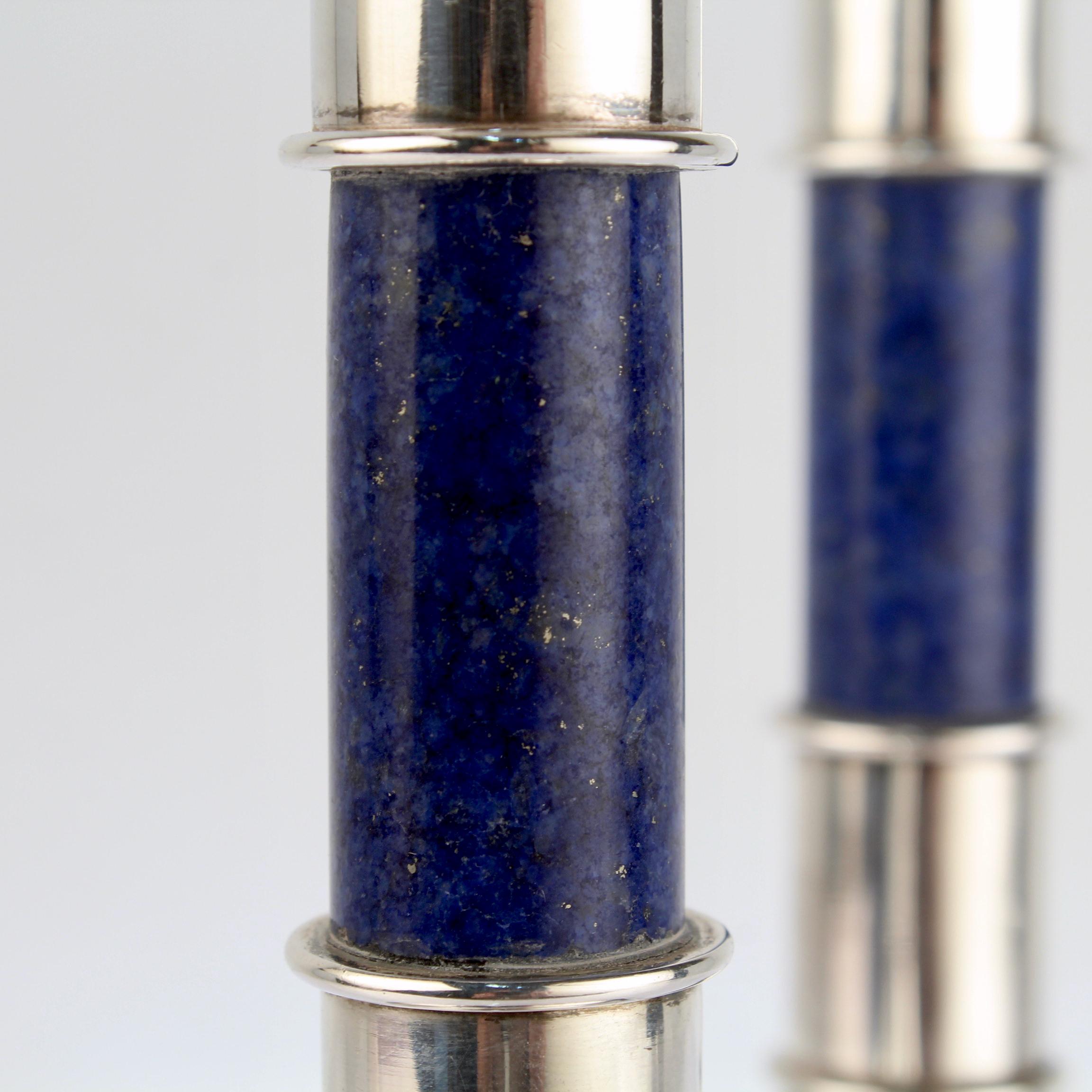 Women's or Men's Pair of Sterling Silver & Lapis Lazuli Candlesticks or Candle Holders