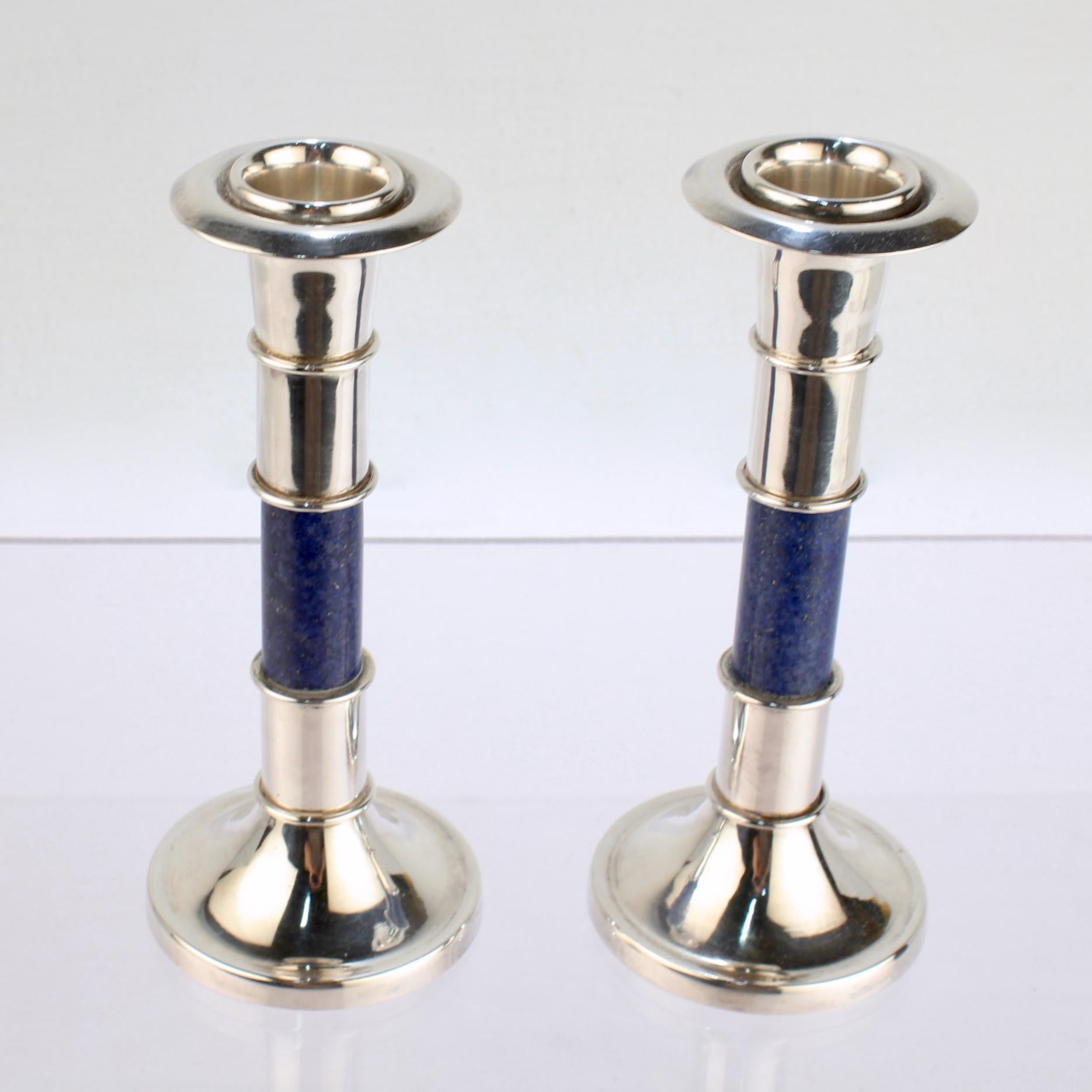 Pair of Sterling Silver & Lapis Lazuli Candlesticks or Candle Holders 1