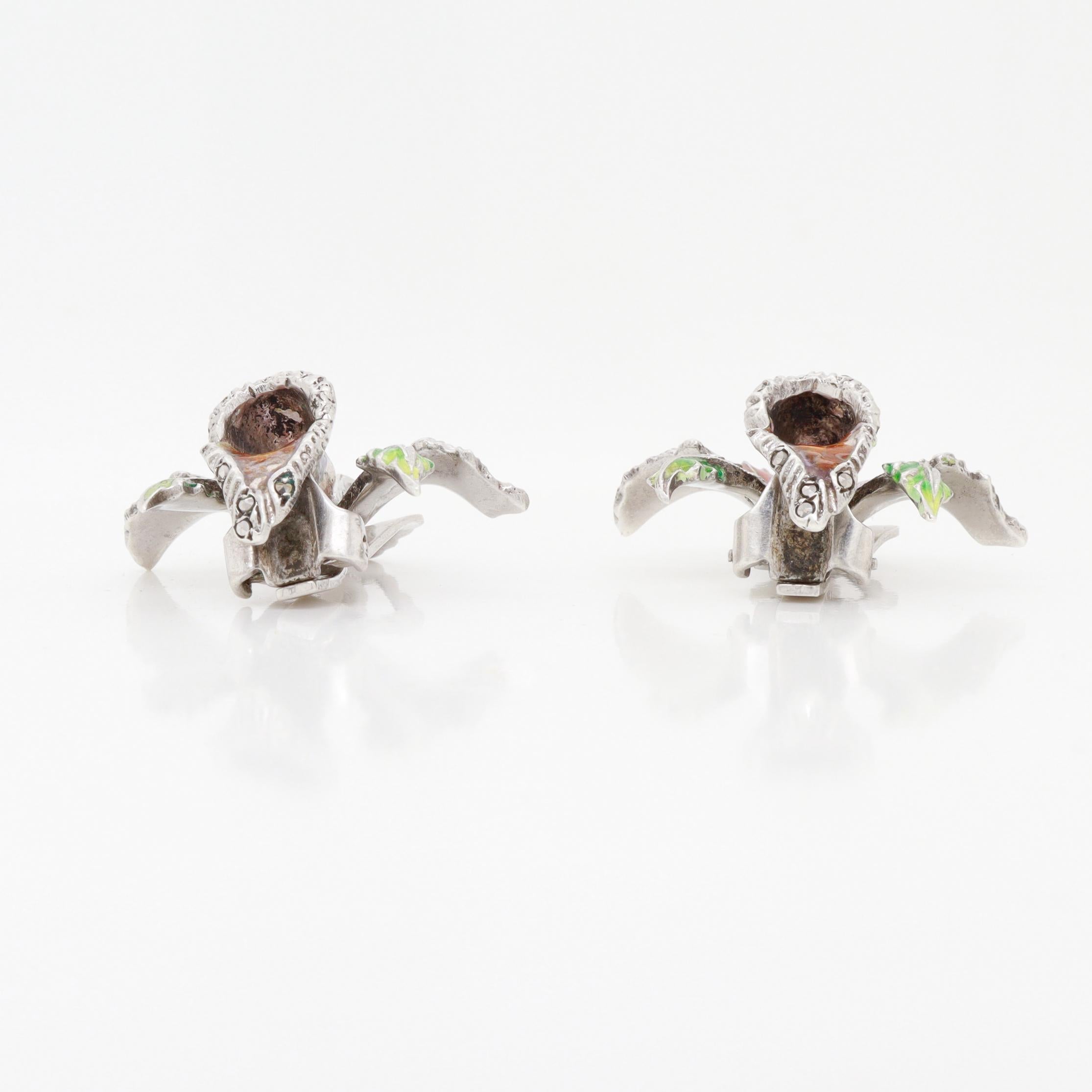 Pair of Sterling Silver, Marcasite, & Enamel Cattleya Orchid Clip-On Earrings For Sale 4