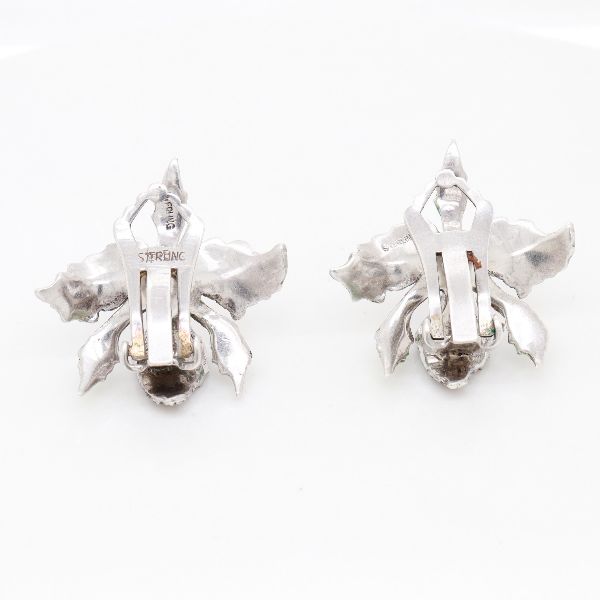Pair of Sterling Silver, Marcasite, & Enamel Cattleya Orchid Clip-On Earrings For Sale 5