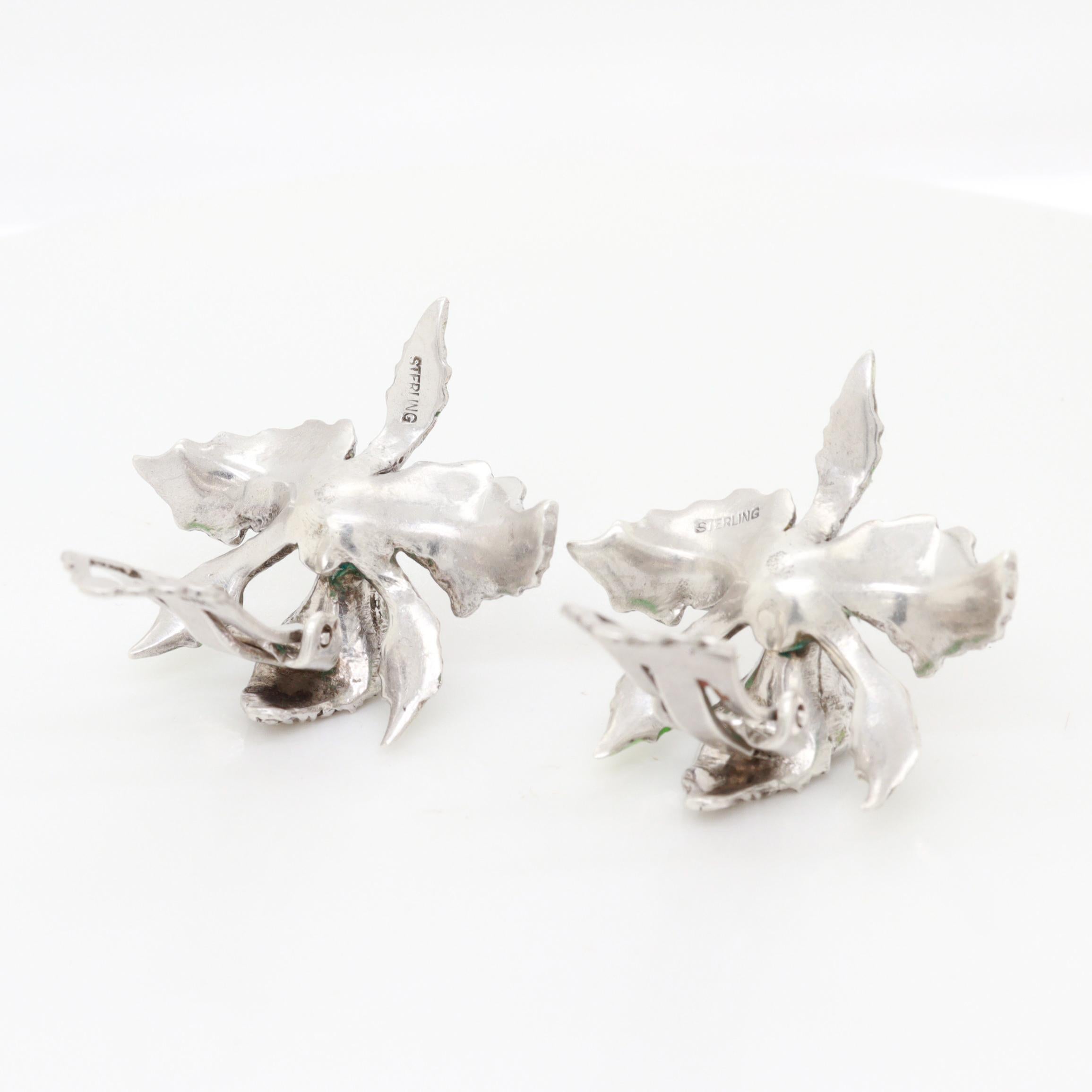 Pair of Sterling Silver, Marcasite, & Enamel Cattleya Orchid Clip-On Earrings For Sale 6