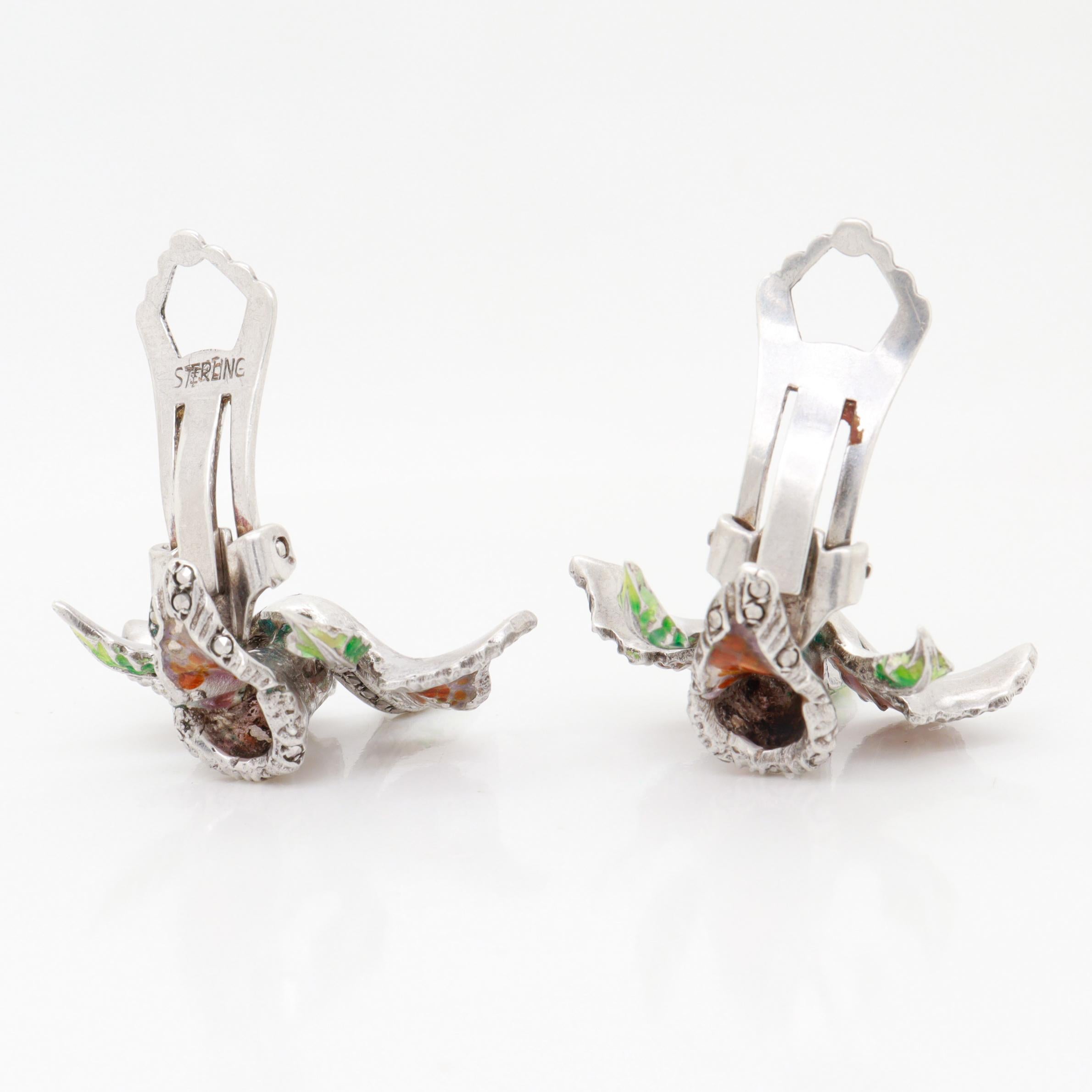 Pair of Sterling Silver, Marcasite, & Enamel Cattleya Orchid Clip-On Earrings For Sale 7
