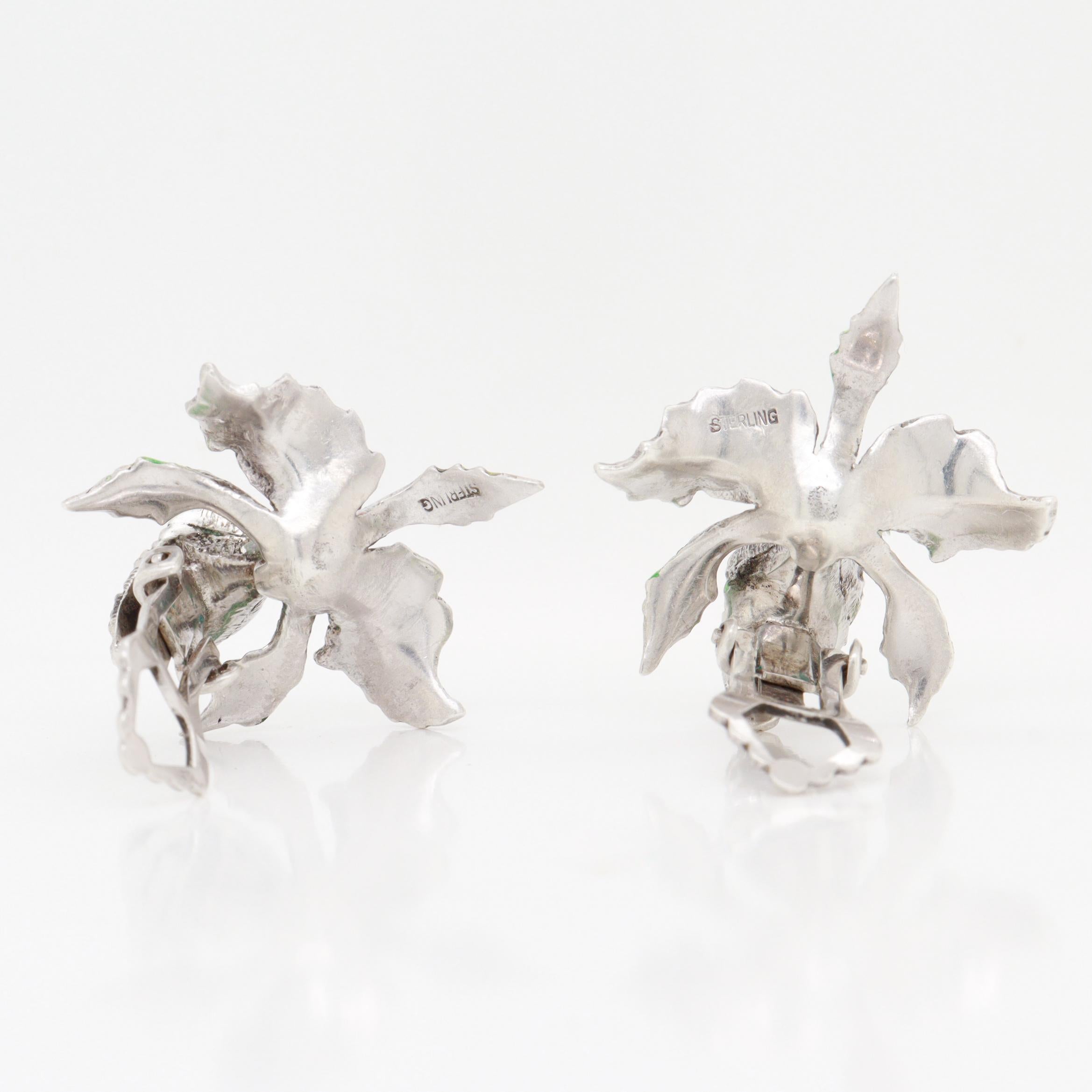 Pair of Sterling Silver, Marcasite, & Enamel Cattleya Orchid Clip-On Earrings For Sale 8