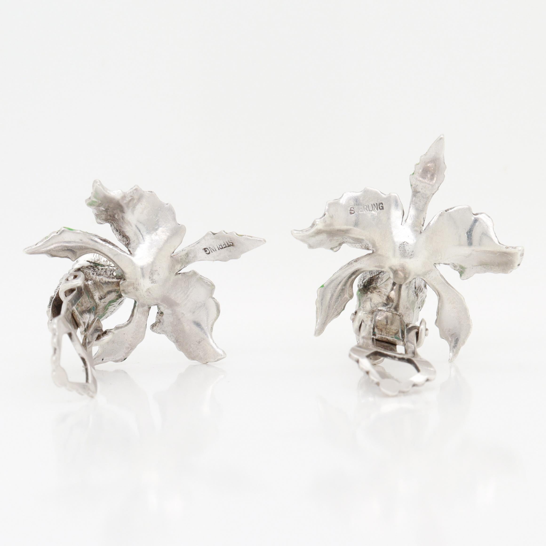 Pair of Sterling Silver, Marcasite, & Enamel Cattleya Orchid Clip-On Earrings For Sale 9