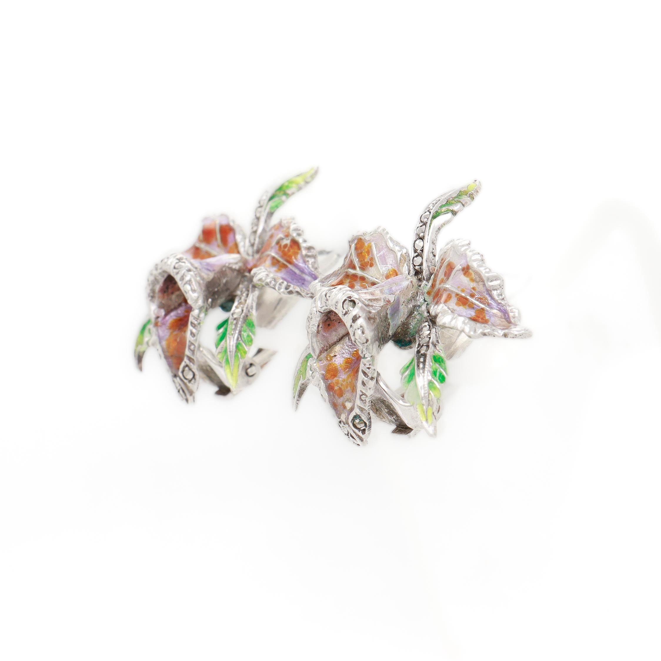 Women's Pair of Sterling Silver, Marcasite, & Enamel Cattleya Orchid Clip-On Earrings For Sale