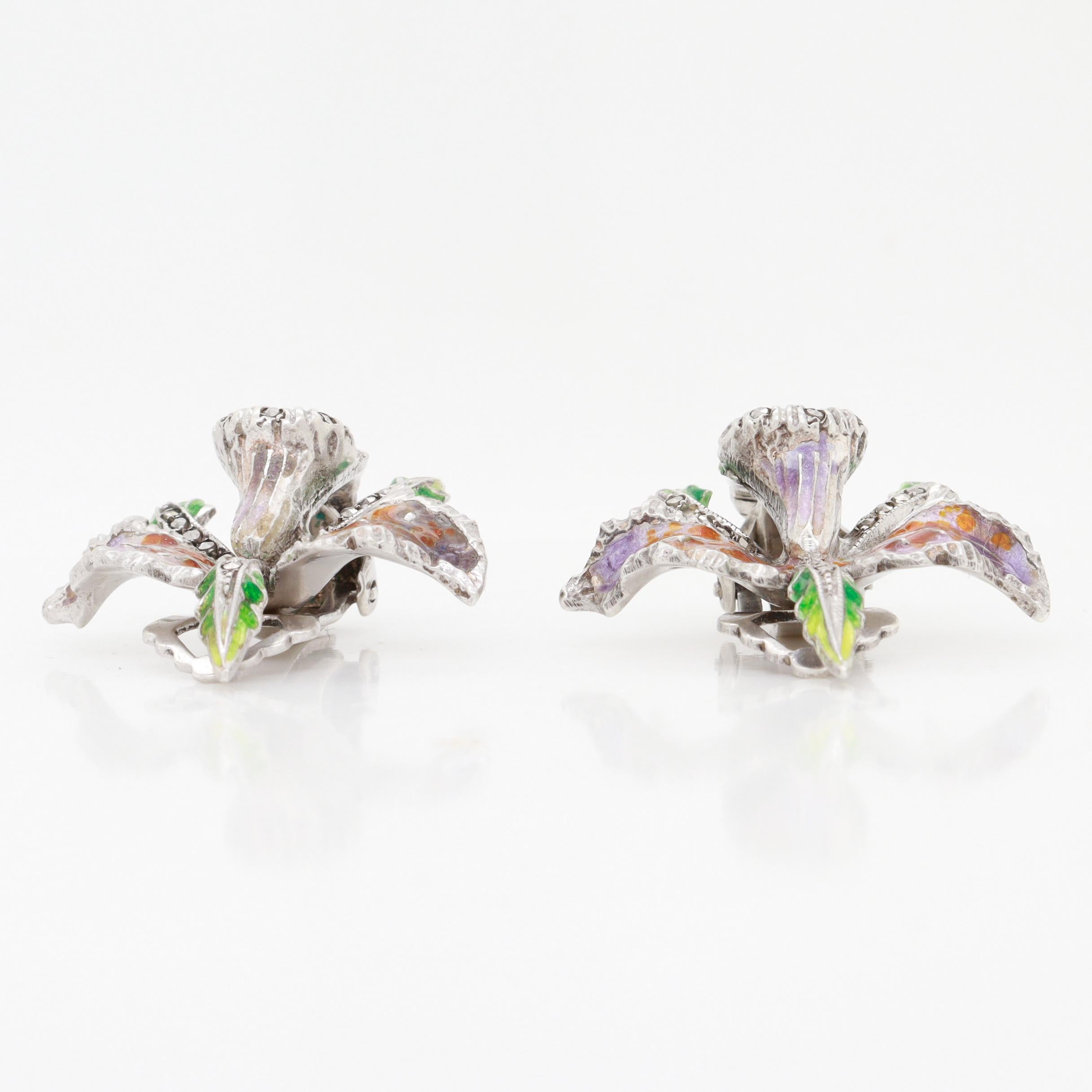 Pair of Sterling Silver, Marcasite, & Enamel Cattleya Orchid Clip-On Earrings For Sale 2