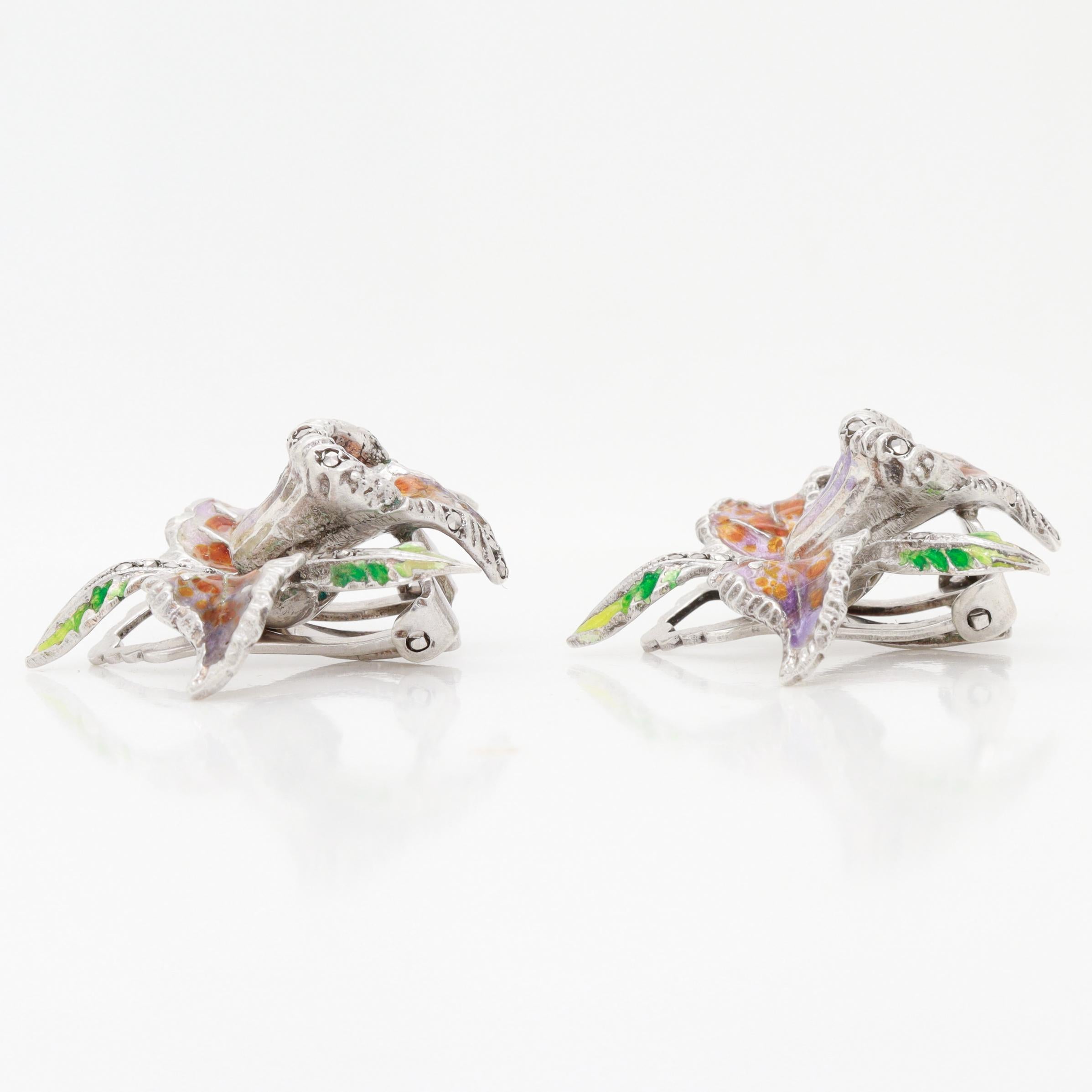 Pair of Sterling Silver, Marcasite, & Enamel Cattleya Orchid Clip-On Earrings For Sale 3