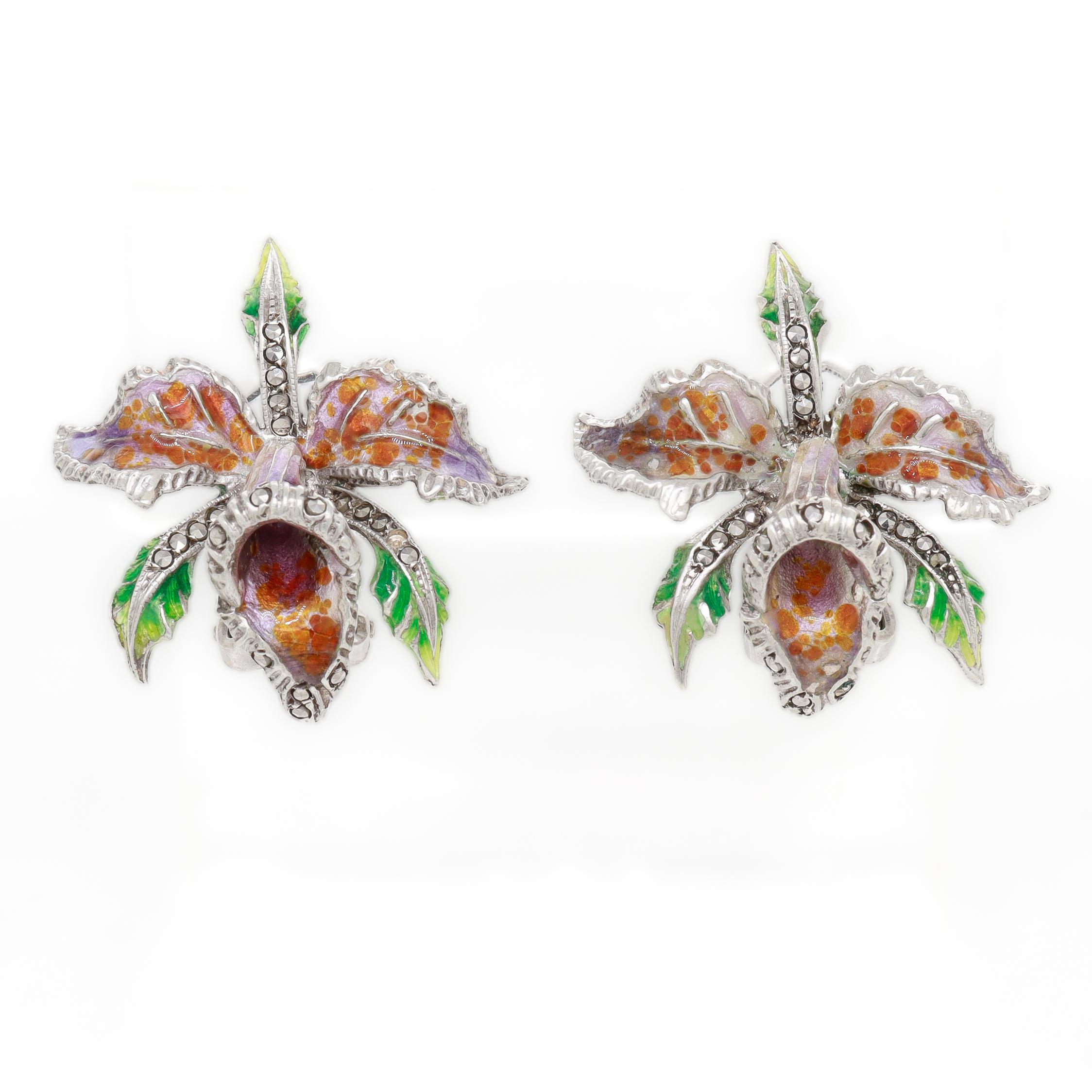 Paire de boucles d'oreilles clips en argent, marcasite et émail - orchidée Cattleya