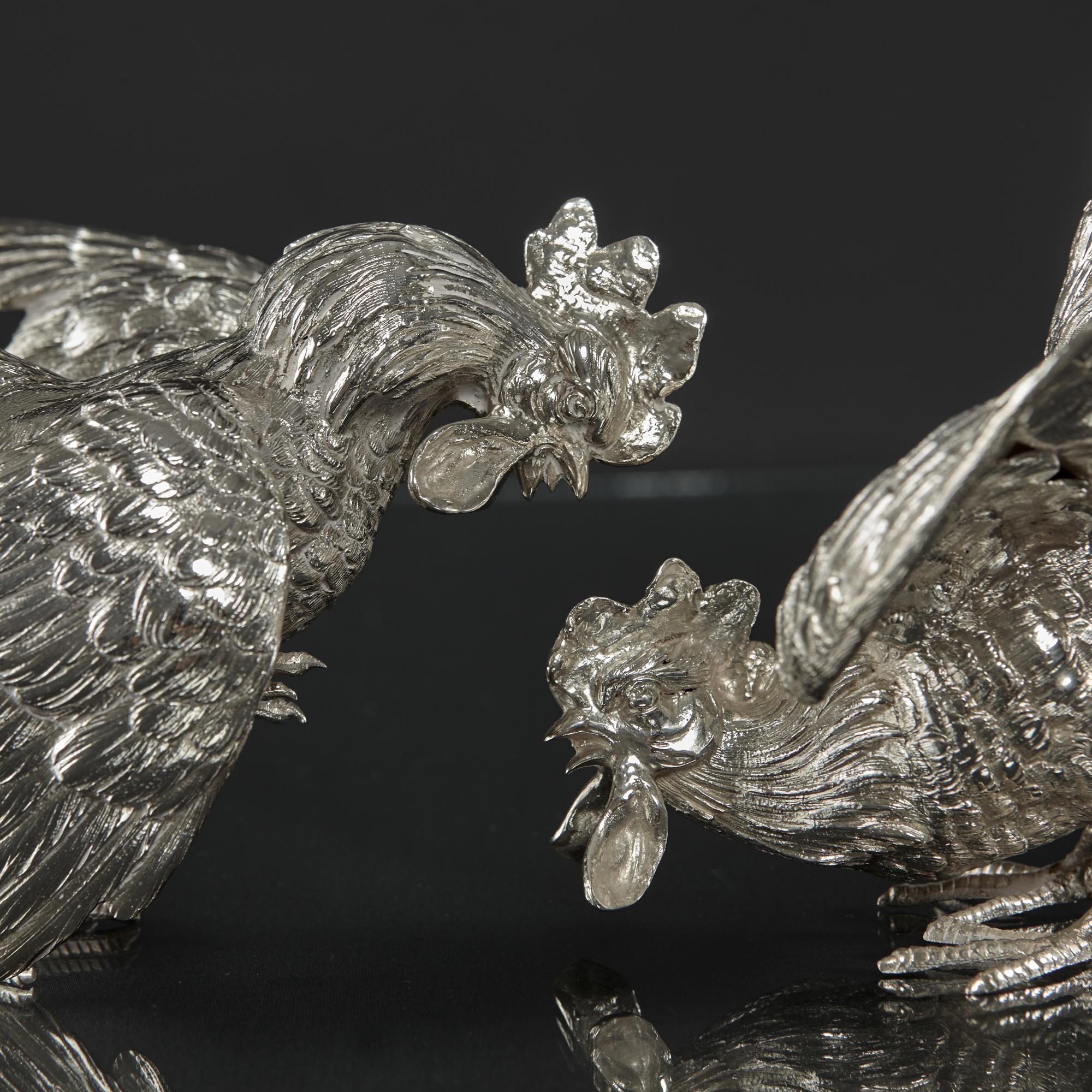 Pair of Sterling Silver Model Fighting Cockerels For Sale 5