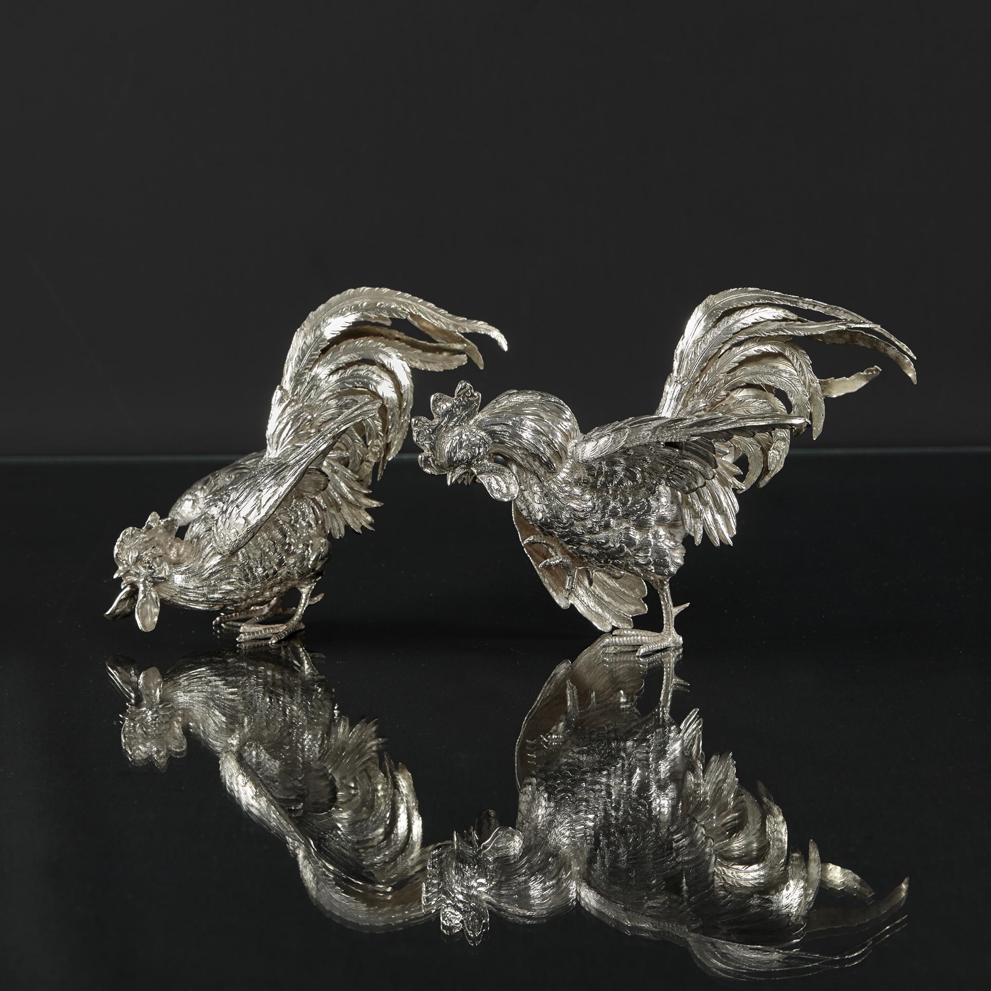 Pair of Sterling Silver Model Fighting Cockerels For Sale 6