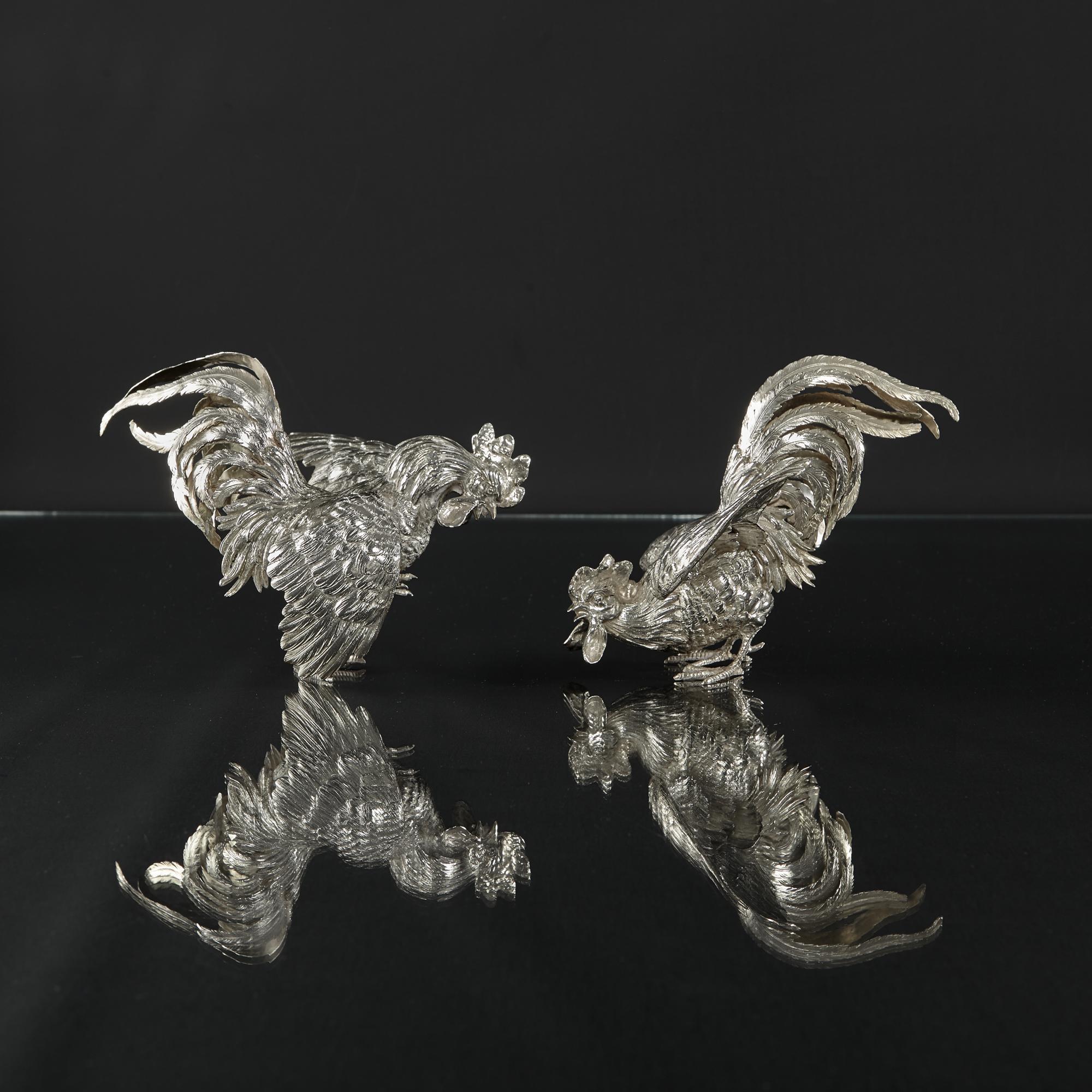 German Pair of Sterling Silver Model Fighting Cockerels For Sale