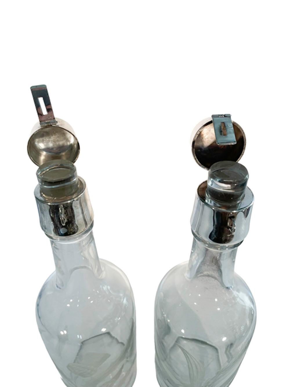 Art Deco Pair of Sterling Silver Mounted Locking Liquor Bottles by T.G. Hawkes