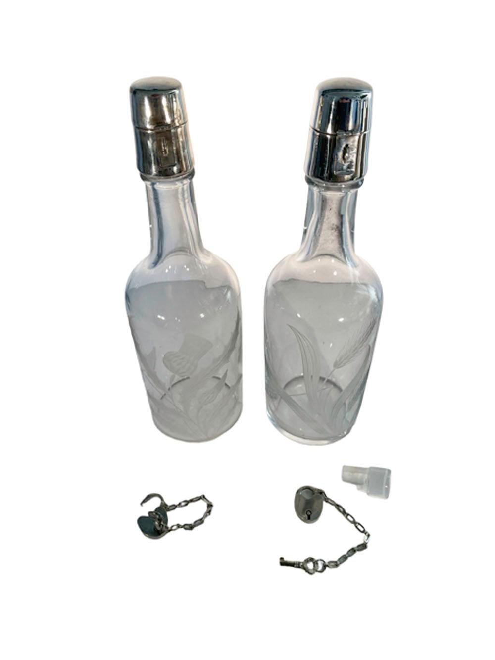 American Pair of Sterling Silver Mounted Locking Liquor Bottles by T.G. Hawkes