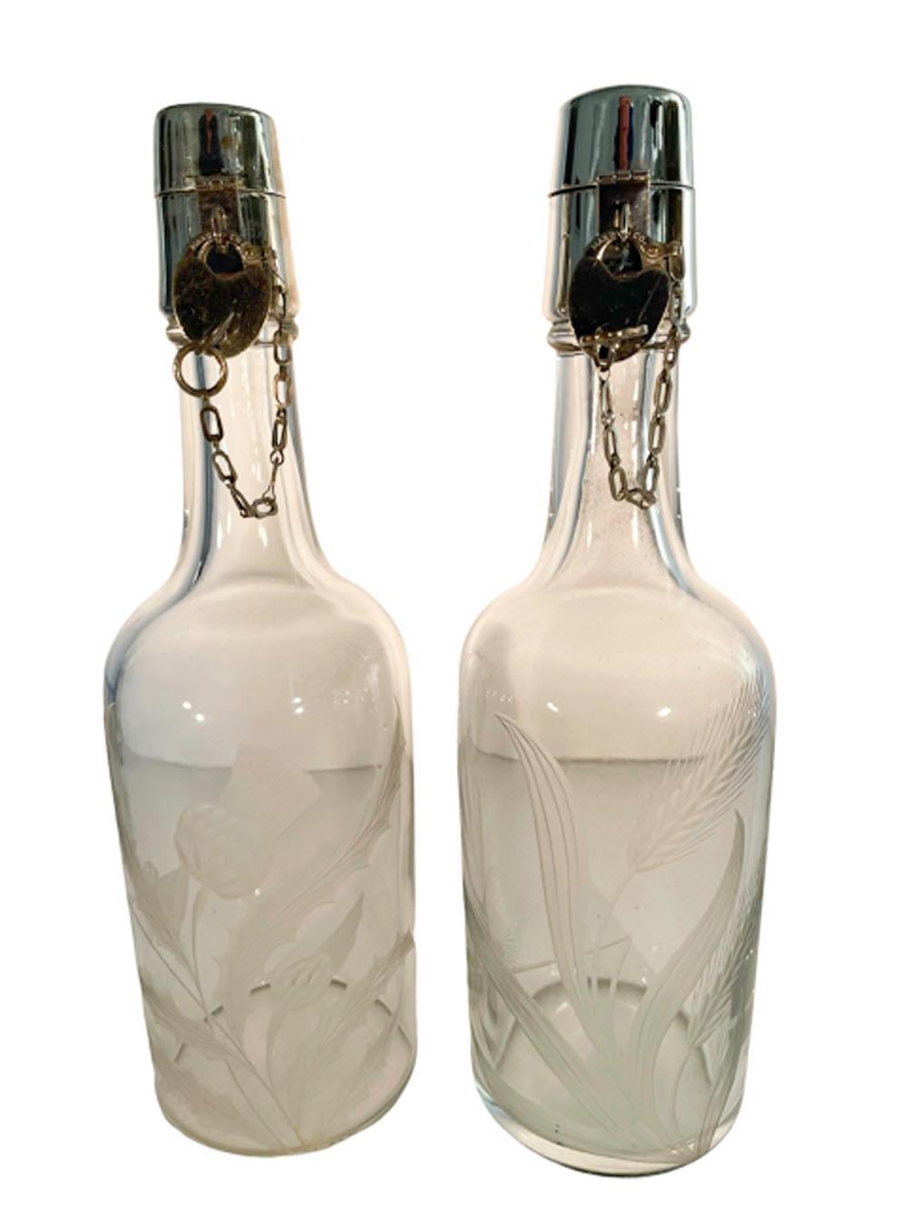 Pair of Sterling Silver Mounted Locking Liquor Bottles by T.G. Hawkes In Good Condition In Nantucket, MA
