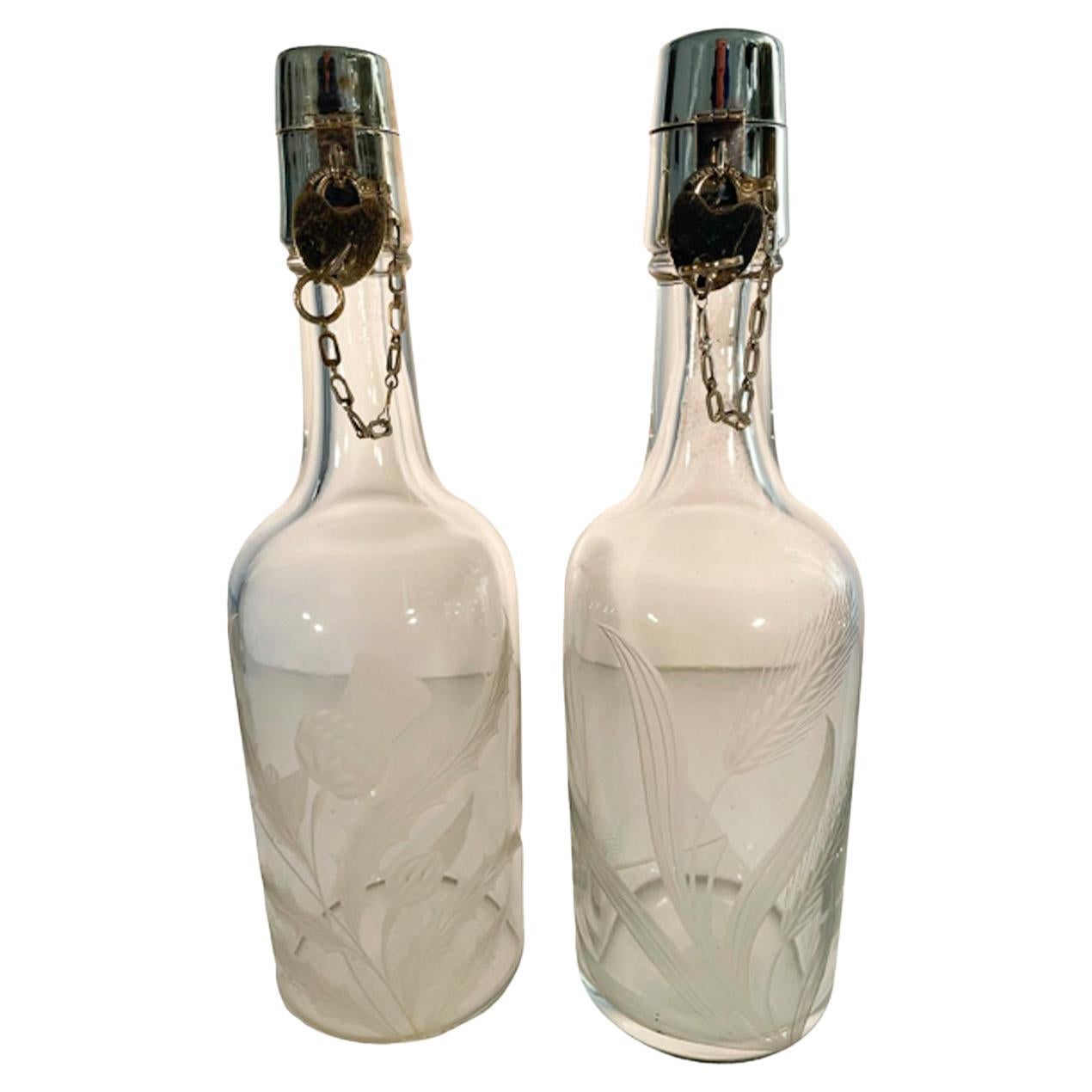 Pair of Sterling Silver Mounted Locking Liquor Bottles by T.G. Hawkes