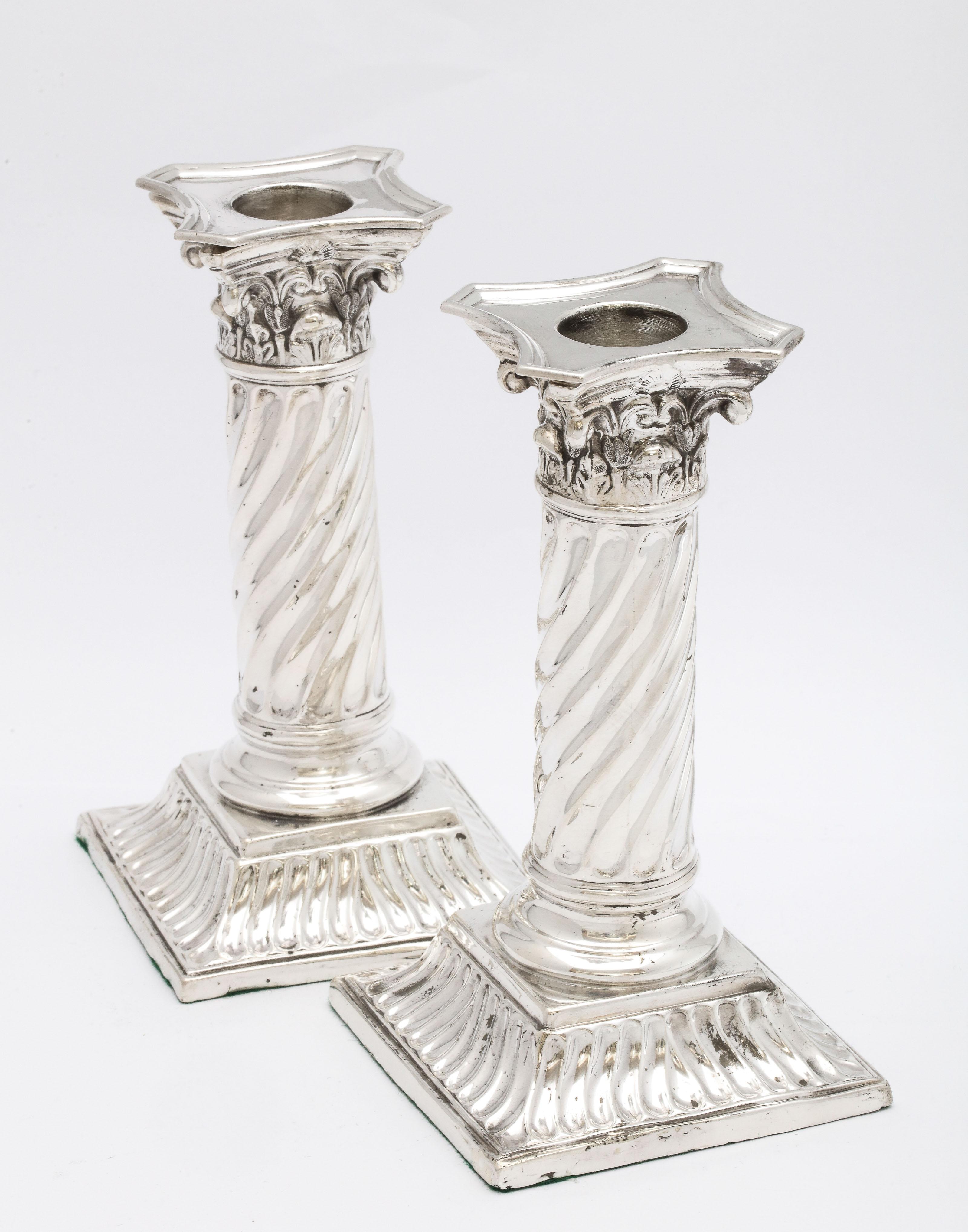 English Pair of Sterling Silver Neoclassical Corinthian Column Candlesticks