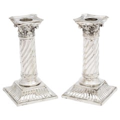 Pair of Sterling Silver Neoclassical Corinthian Column Candlesticks