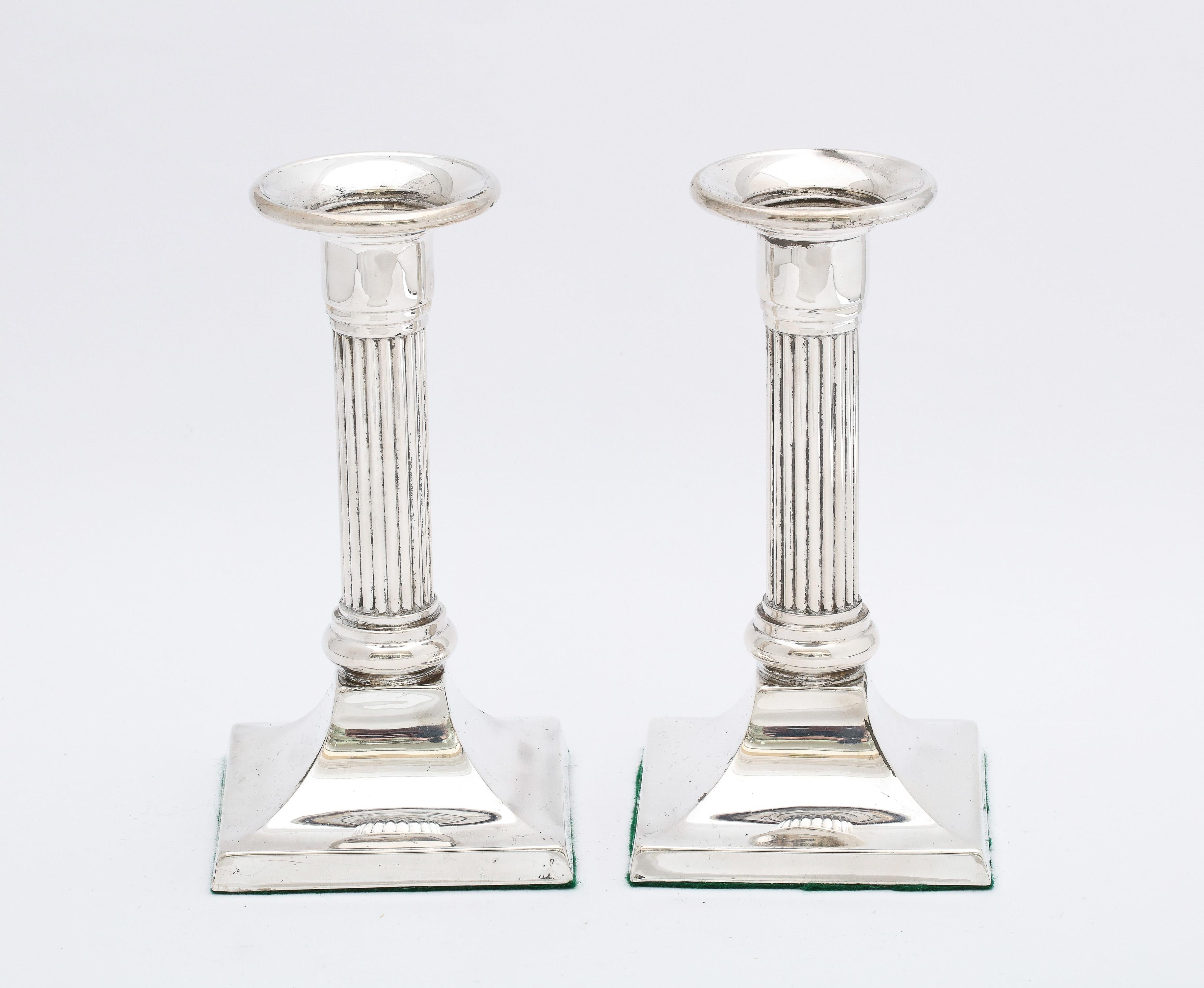 American Pair of Sterling Silver Neoclassical-Style Column-Form Candlesticks For Sale