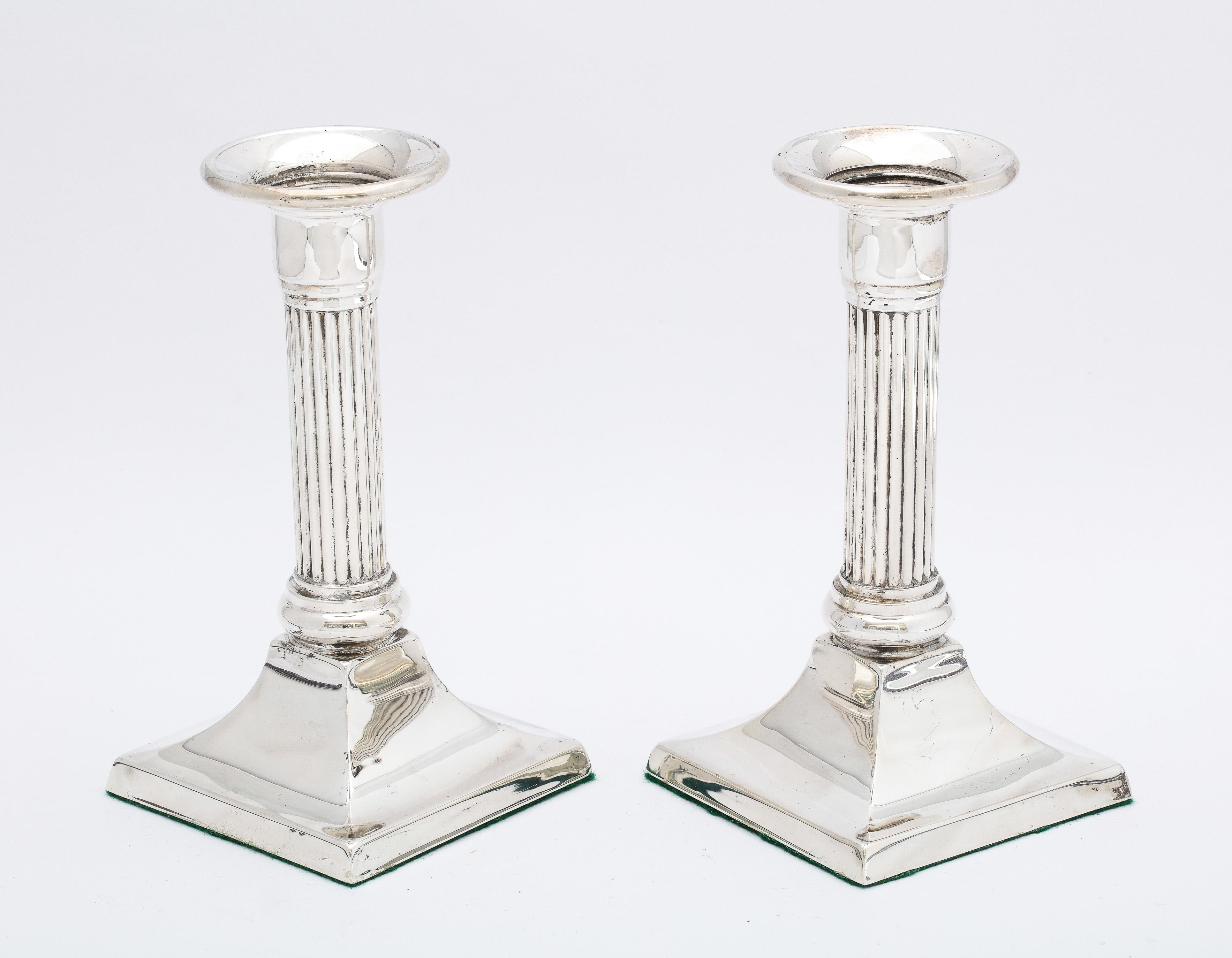 Pair of Sterling Silver Neoclassical-Style Column-Form Candlesticks For Sale 1