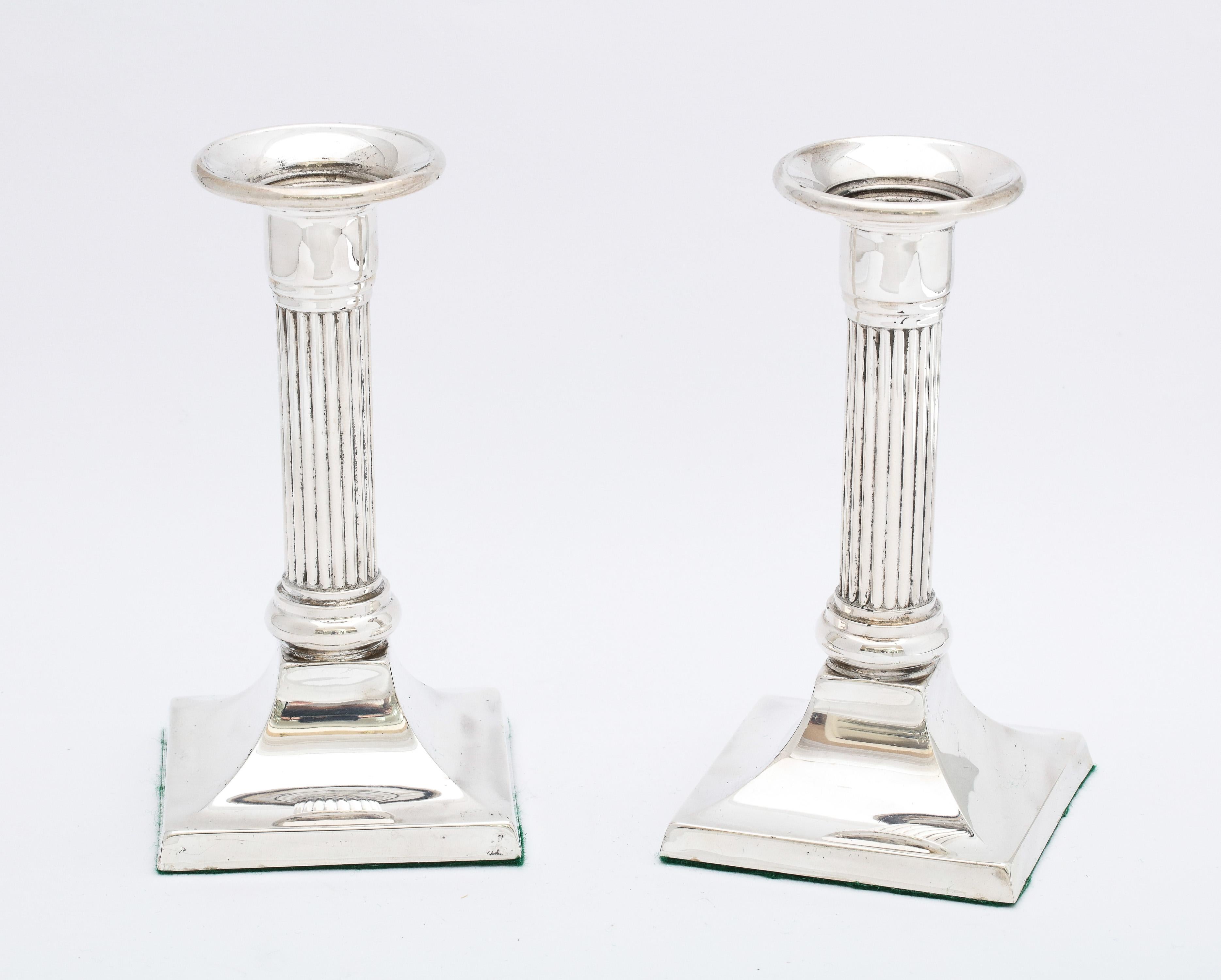Pair of Sterling Silver Neoclassical-Style Column-Form Candlesticks For Sale 3