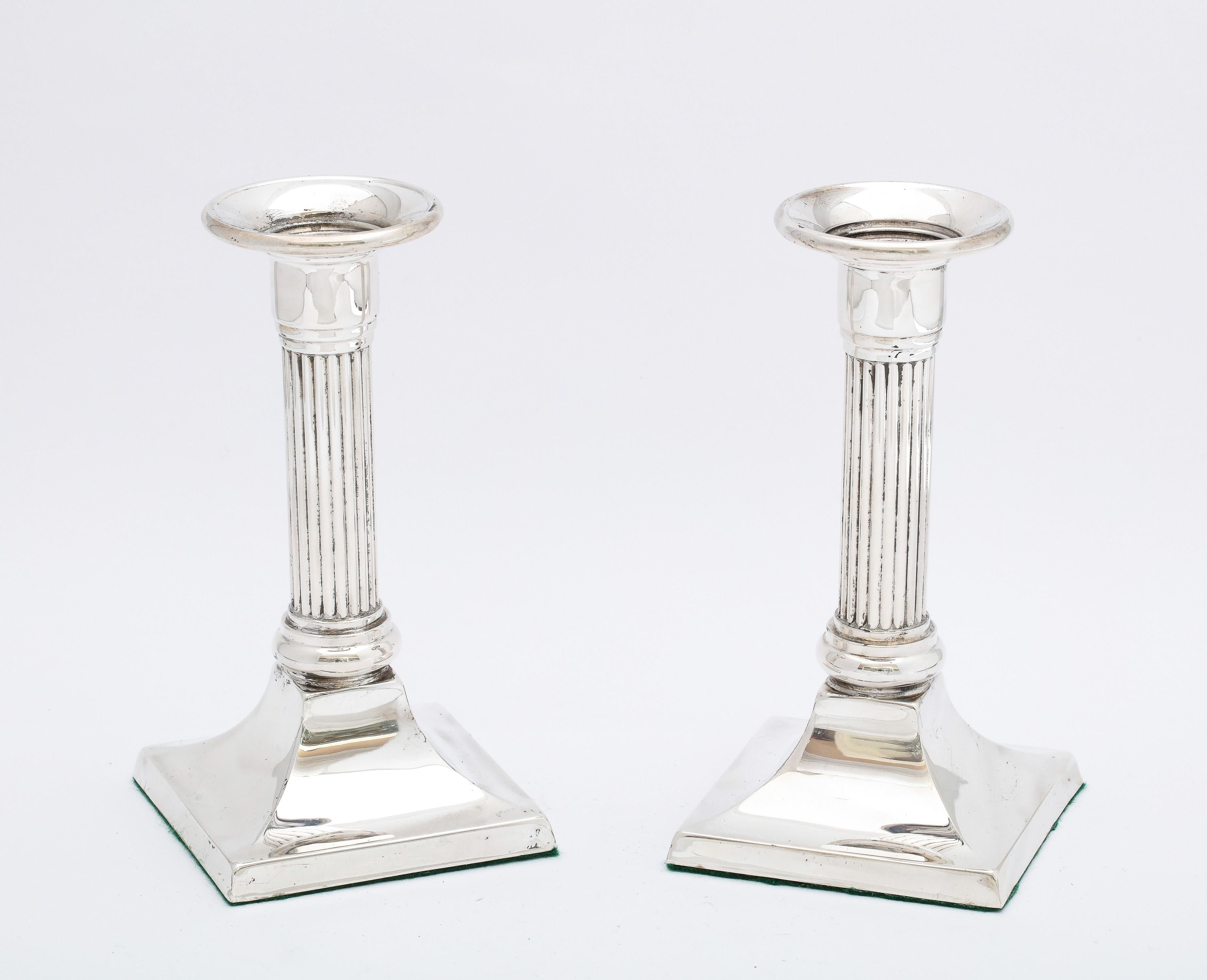 Pair of Sterling Silver Neoclassical-Style Column-Form Candlesticks For Sale 4