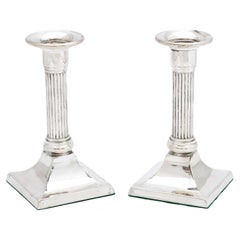 Pair of Sterling Silver Neoclassical-Style Column-Form Candlesticks