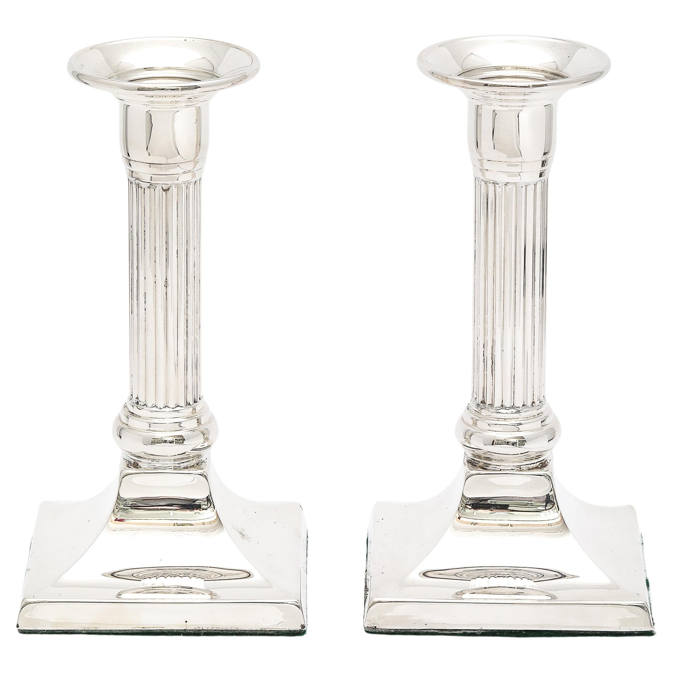 Pair of Sterling Silver Neoclassical-Style Column-Form Candlesticks For Sale