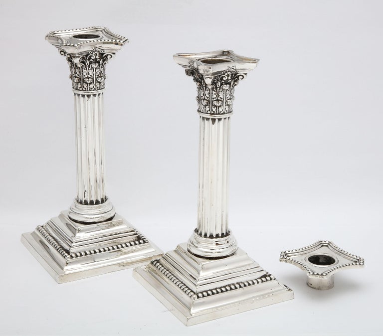 Pair of Sterling Silver Neoclassical-Style Corinthian Column Candlesticks For Sale 7