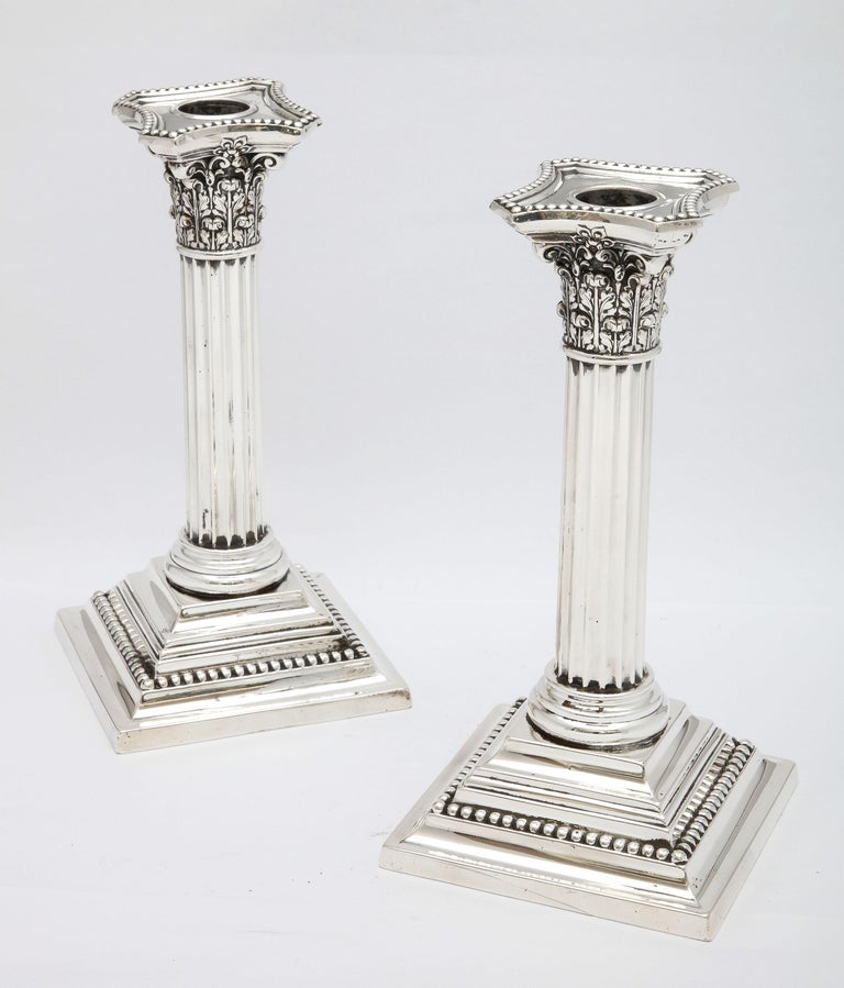 Pair of Sterling Silver Neoclassical-Style Corinthian Column Candlesticks For Sale 10