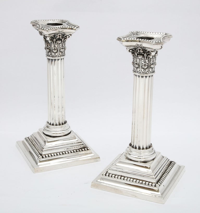 Pair of Sterling Silver Neoclassical-Style Corinthian Column Candlesticks For Sale 12