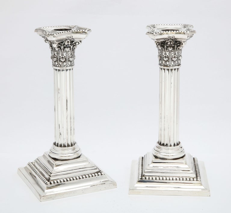 American Pair of Sterling Silver Neoclassical-Style Corinthian Column Candlesticks For Sale