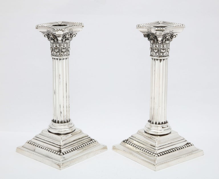 Early 20th Century Pair of Sterling Silver Neoclassical-Style Corinthian Column Candlesticks For Sale