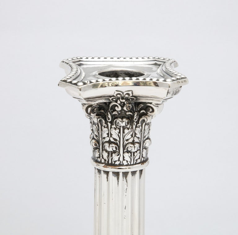 Pair of Sterling Silver Neoclassical-Style Corinthian Column Candlesticks For Sale 2