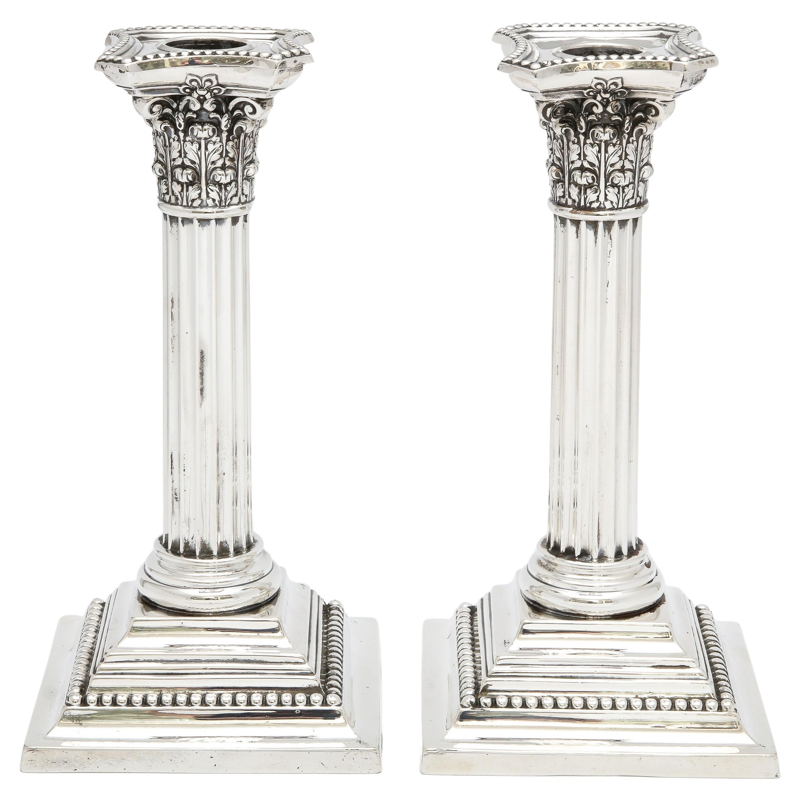 Pair of Sterling Silver Neoclassical-Style Corinthian Column Candlesticks