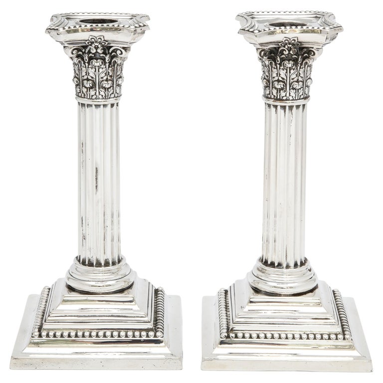 Pair of Sterling Silver Neoclassical-Style Corinthian Column Candlesticks For Sale